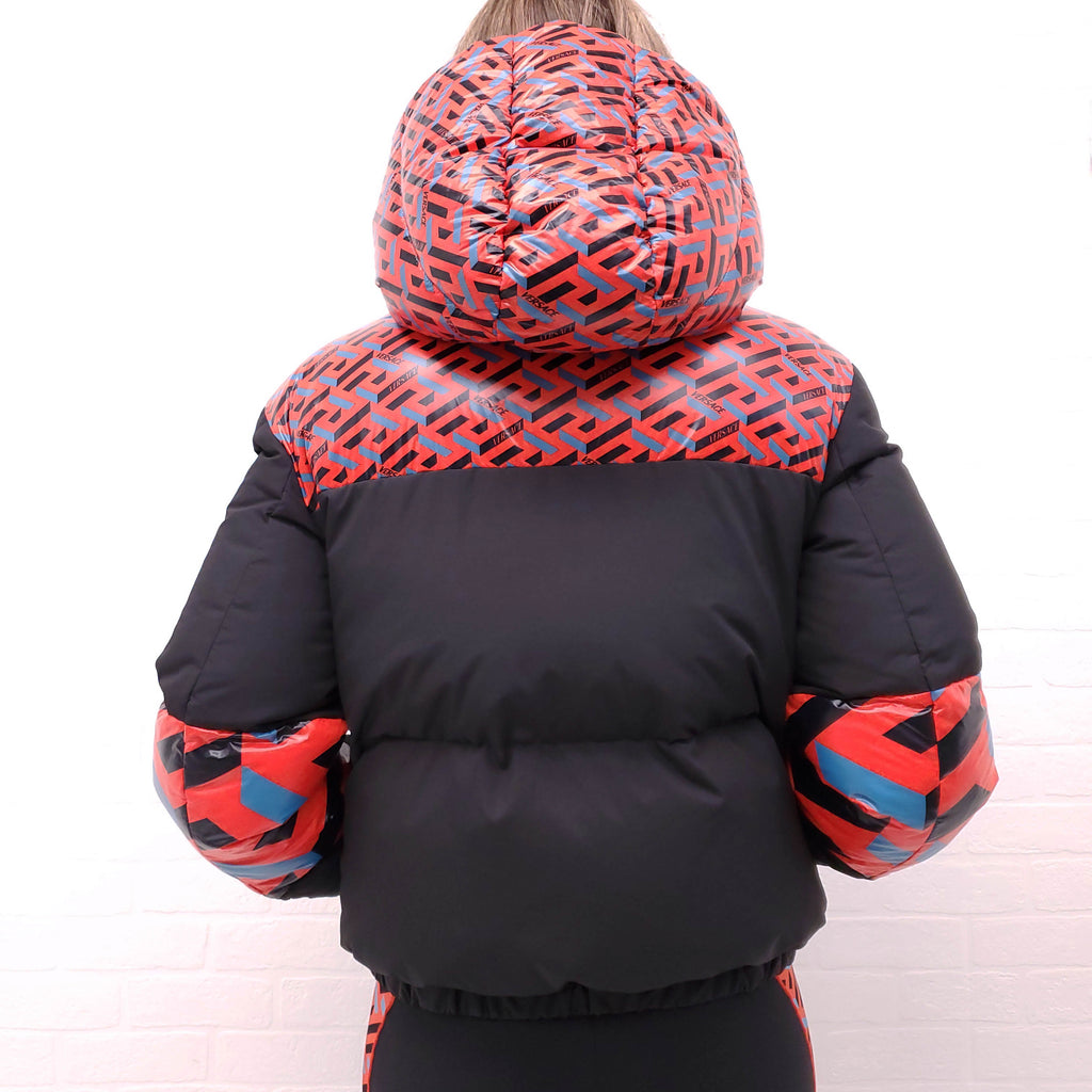 VERSACE BLACK, RED AND BLUE PATTERNED LOGO PUFFER JACKET WITH MEDUSA BUTTONS - SIZE 42