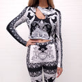 VERSACE BLACK, WHITE AND GREY BAROQUE CUT OUT CROP TOP WITH MEDUSA BUTTON - SIZE 46
