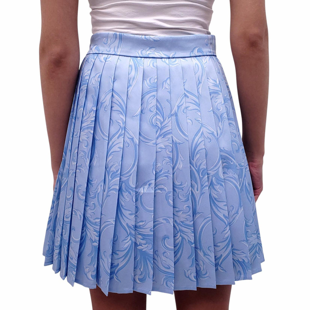 VERSACE BLUE TWILL BAROQUE LEAF ALLOVER PLEATED SKIRT - SIZE 40