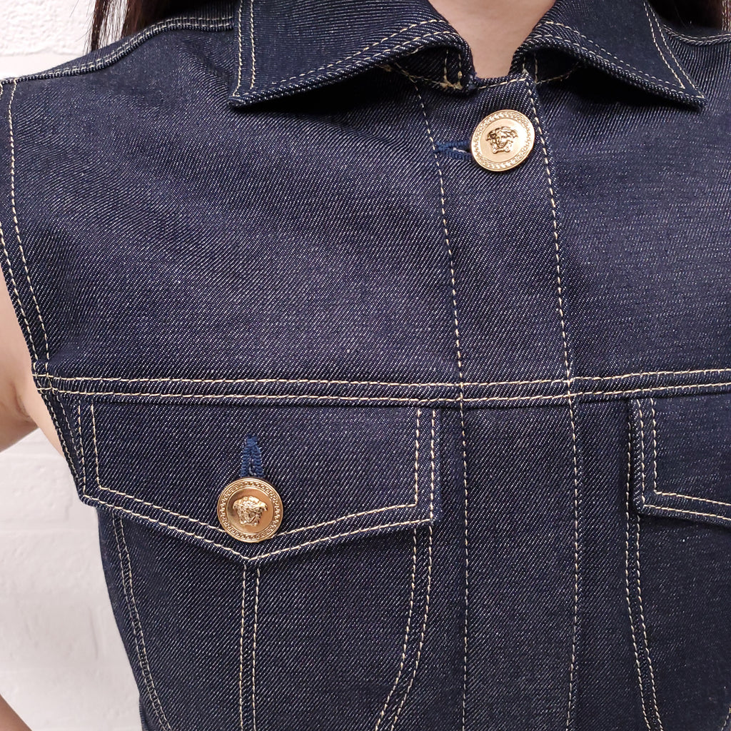VERSACE DENIM CROPPED VEST WITH MEDUSA BUTTONS - SIZE 38