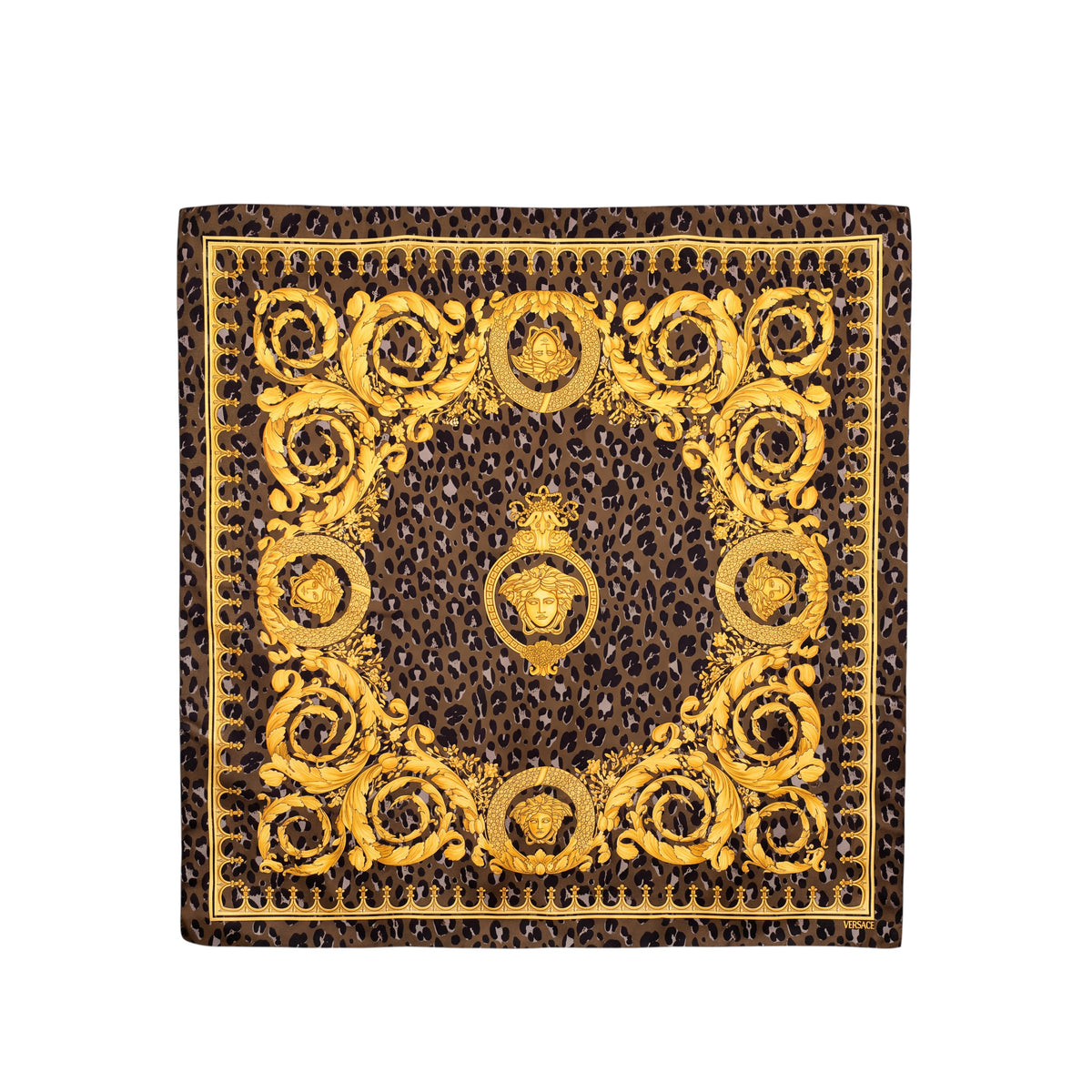 VERSACE GOLD AND BROWN SCARF WITH ANIMAL PRINT DETAIL
