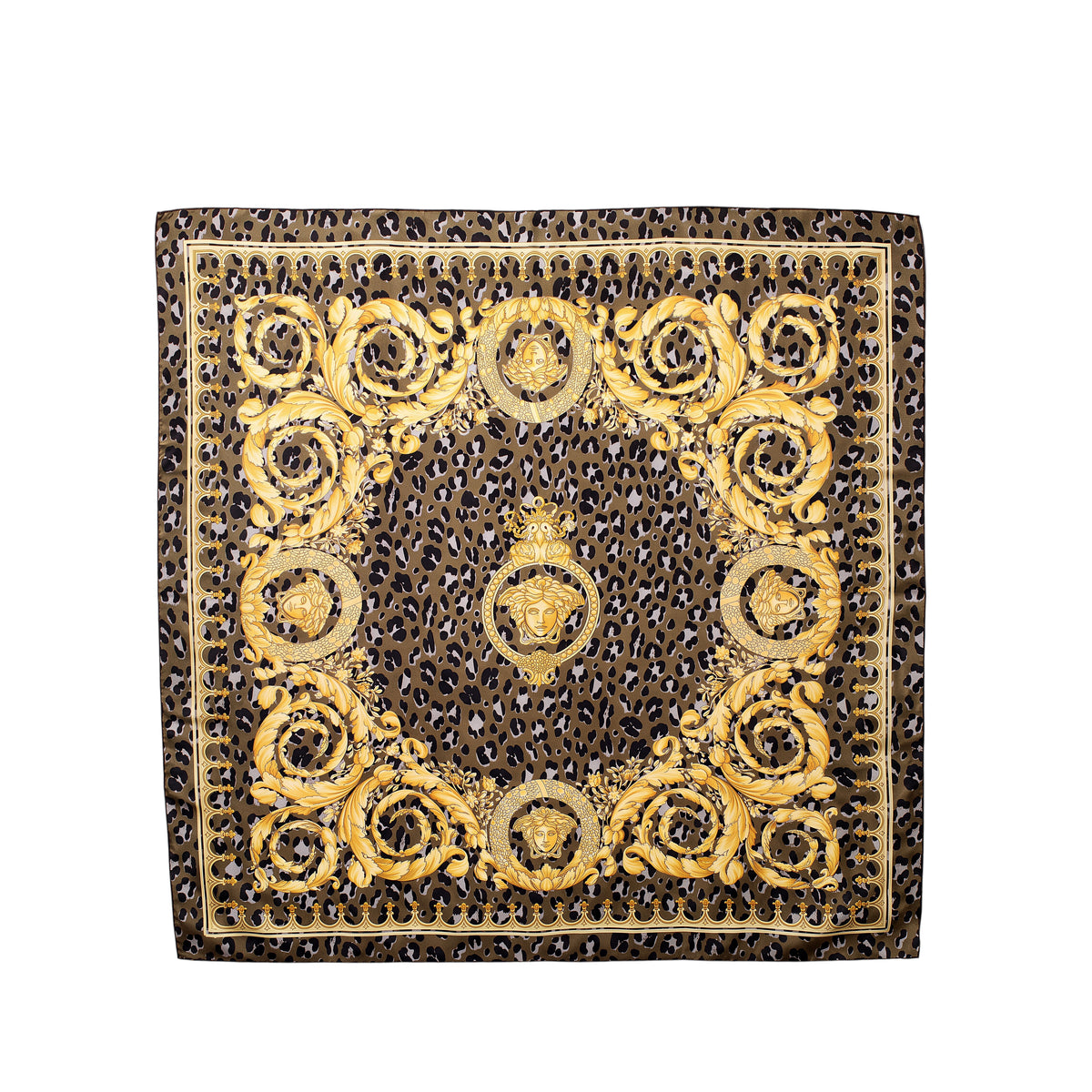 VERSACE GOLD AND BROWN SCARF WITH ANIMAL PRINT DETAIL