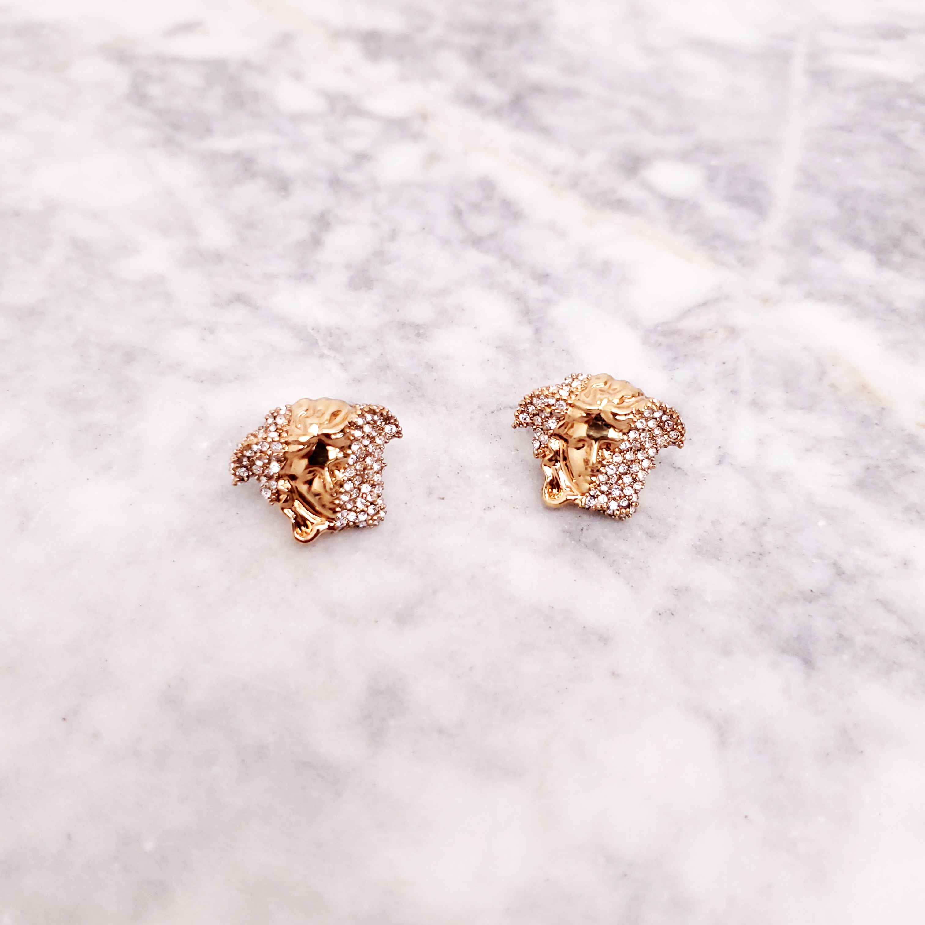 VERSACE GOLD PLATED CRYSTAL EMBELLISHED MEDUSA STUD EARRINGS