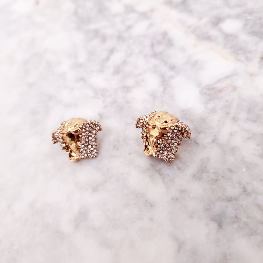 VERSACE GOLD PLATED CRYSTAL EMBELLISHED MEDUSA STUD EARRINGS