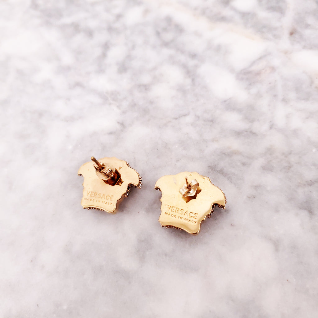 VERSACE GOLD PLATED CRYSTAL EMBELLISHED MEDUSA STUD EARRINGS