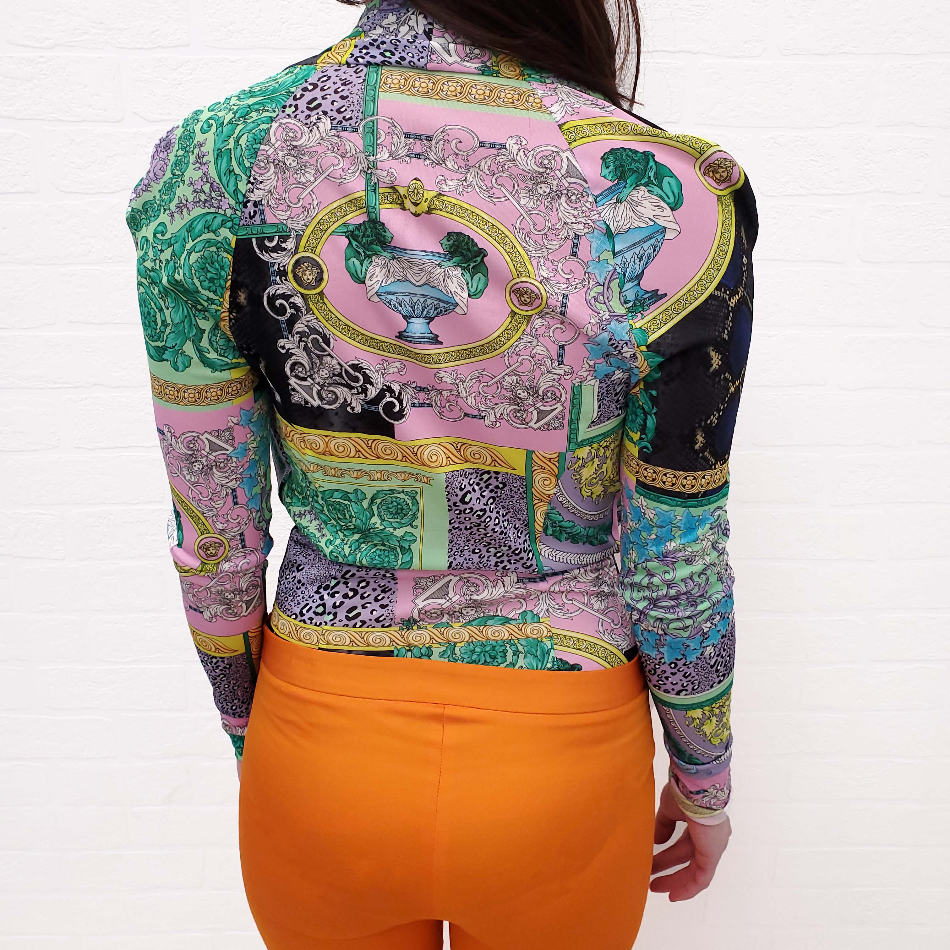 VERSACE GREEN MULTI-PATTERNED DRAPED BODYSUIT - SIZE 38