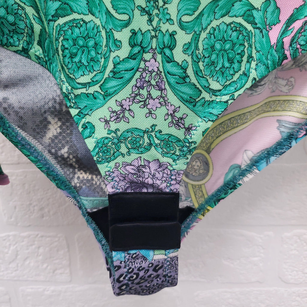 VERSACE GREEN MULTI-PATTERNED DRAPED BODYSUIT - SIZE 38