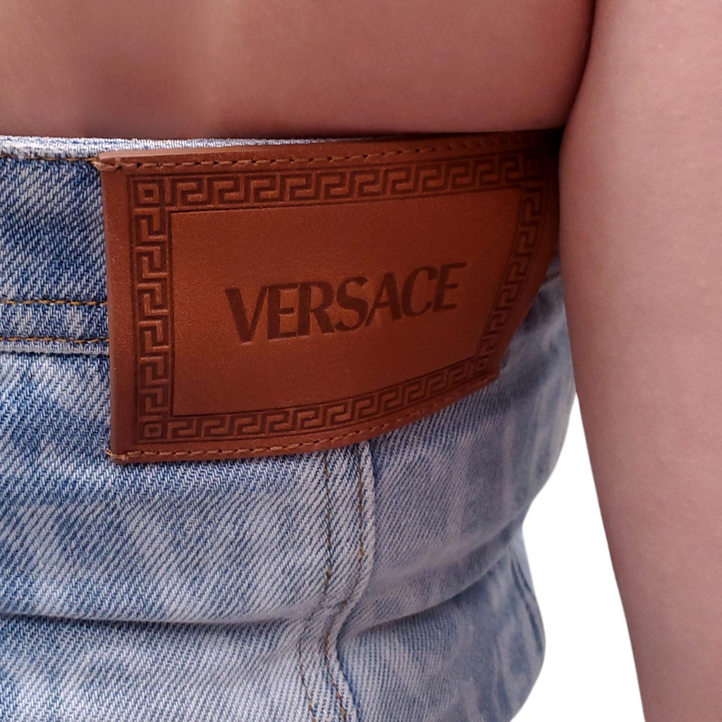 VERSACE LOGO DENIM ALLOVER MINI DRESS - SIZE 42