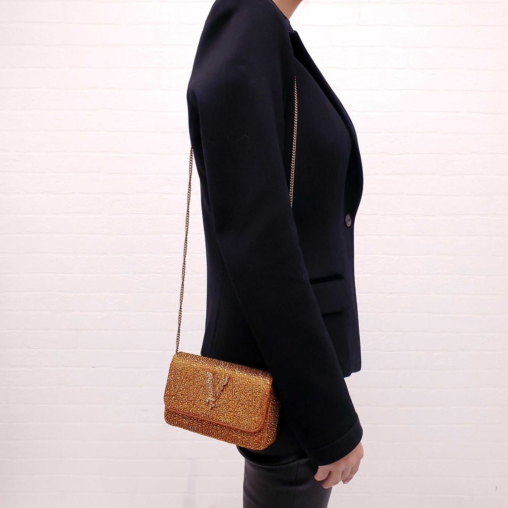 VERSACE ORANGE MINI VIRTUS CRYSTAL PAVÉ EVENING BAG