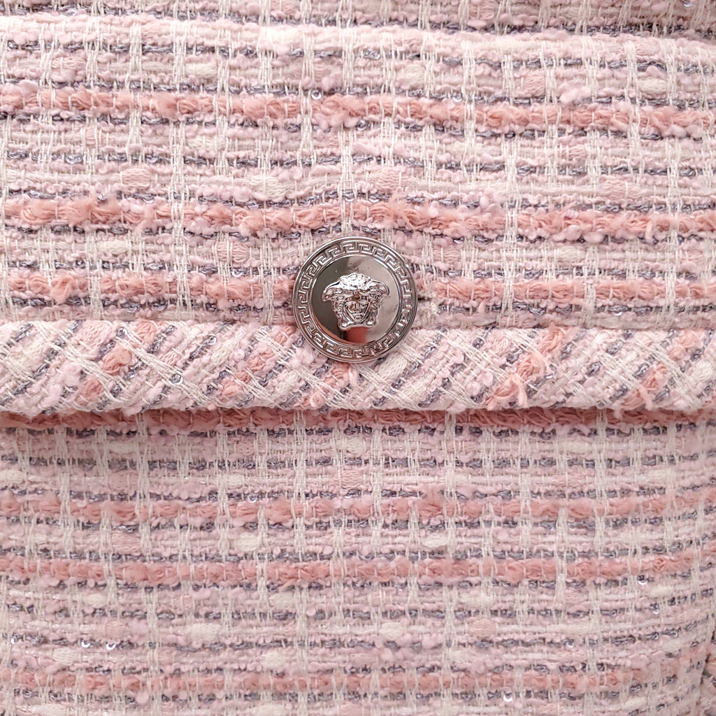 VERSACE OVERSIZED PINK TWEED VEST WITH MEDUSA BUTTONS - SIZE 42