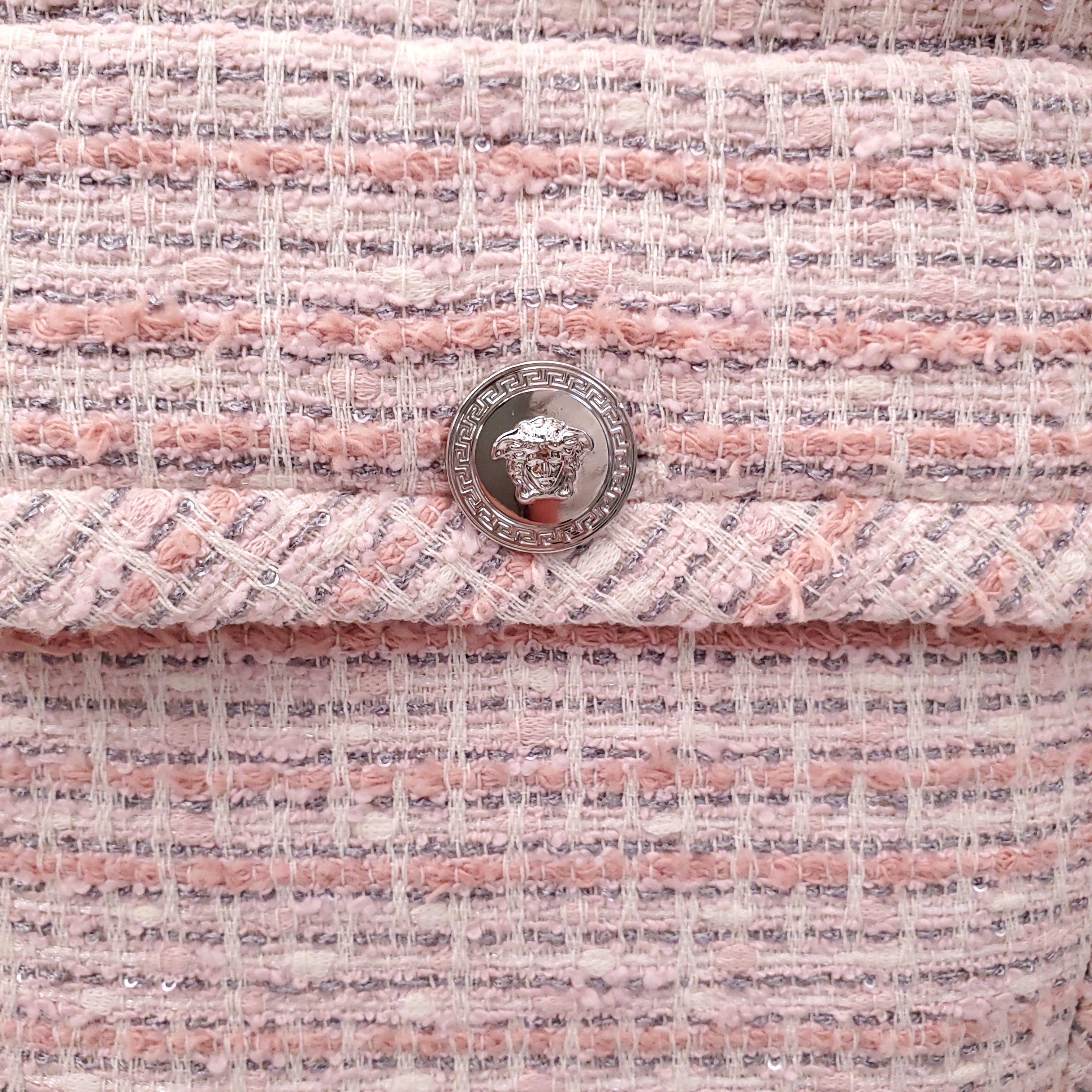 VERSACE OVERSIZED PINK TWEED VEST WITH MEDUSA BUTTONS - SIZE 42