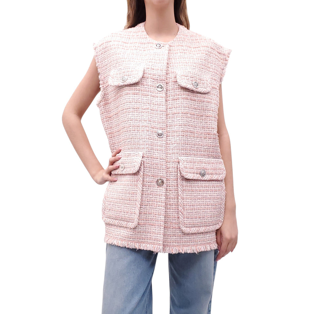 VERSACE OVERSIZED PINK TWEED VEST WITH MEDUSA BUTTONS - SIZE 42