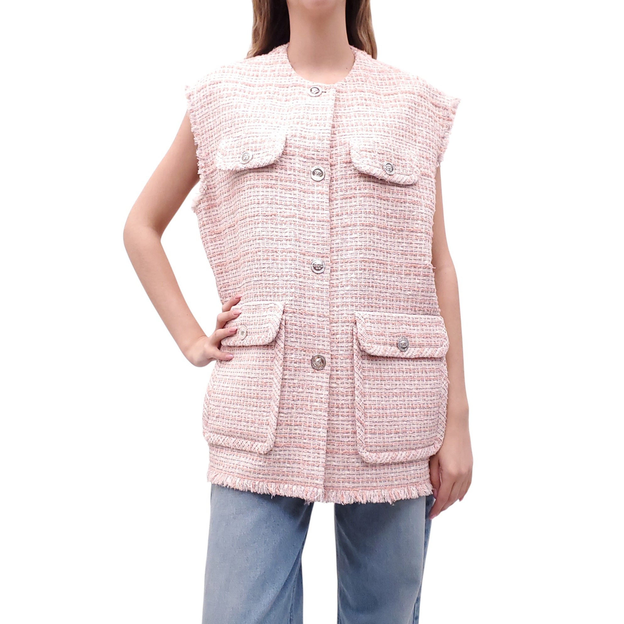 VERSACE OVERSIZED PINK TWEED VEST WITH MEDUSA BUTTONS - SIZE 42