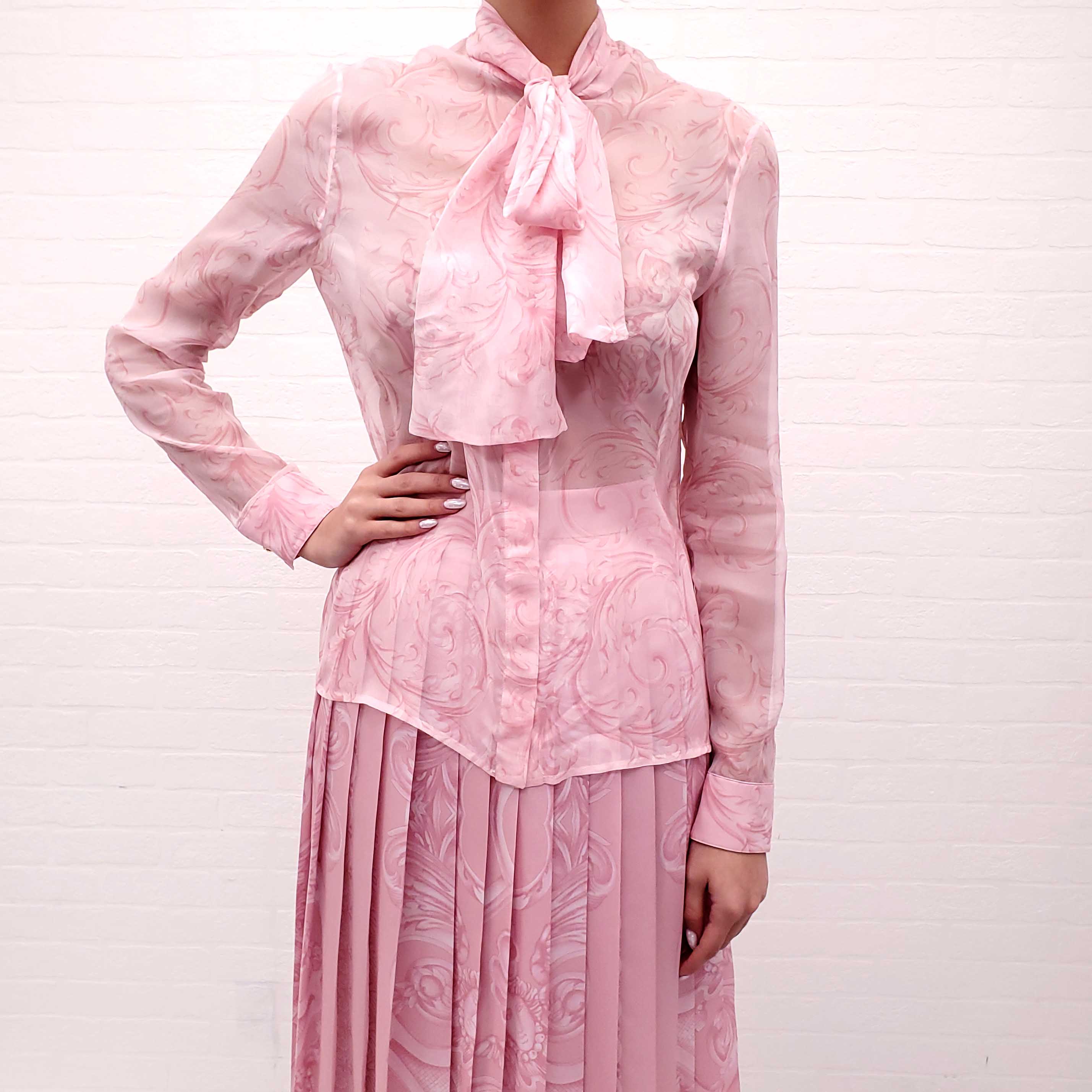 VERSACE PINK SILK 'BAROCCO' BLOUSE WITH TIE - SIZE 40