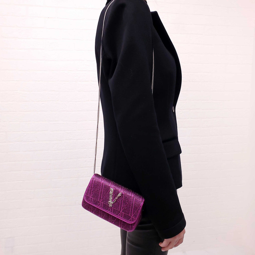 VERSACE PURPLE MINI VIRTUS CRYSTAL PAVÉ EVENING BAG