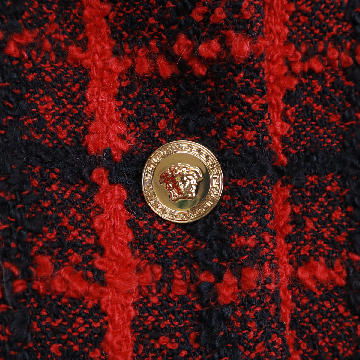 VERSACE RED AND BLACK TWEED BLAZER WITH MEDUSA BUTTONS - SIZE 46