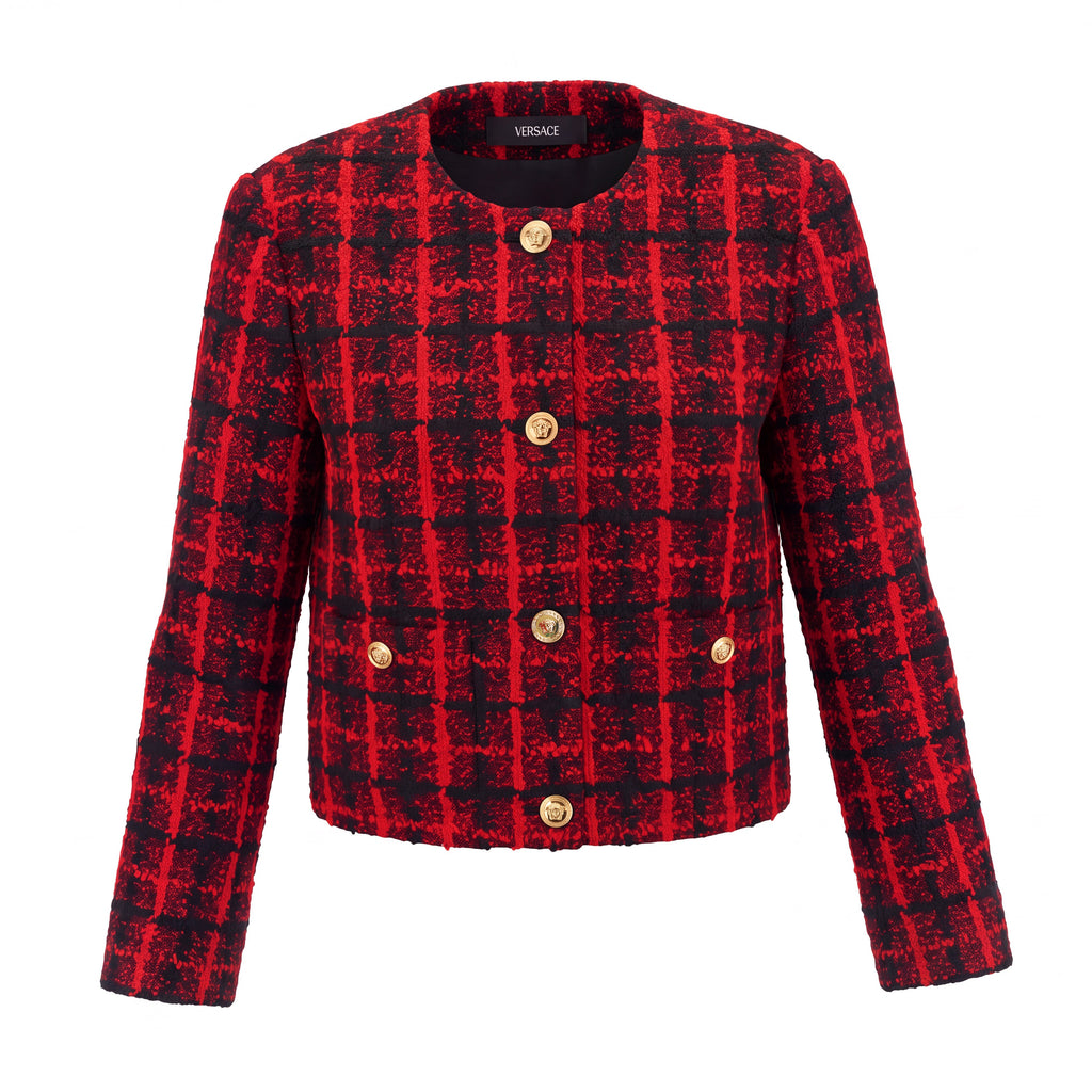 VERSACE RED AND BLACK TWEED BLAZER WITH MEDUSA BUTTONS - SIZE 46
