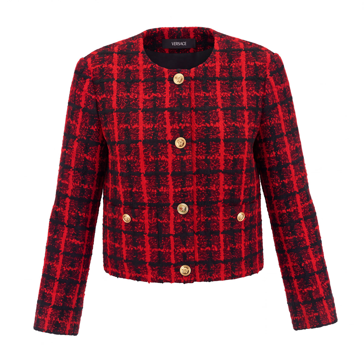 VERSACE RED AND BLACK TWEED BLAZER WITH MEDUSA BUTTONS - SIZE 46
