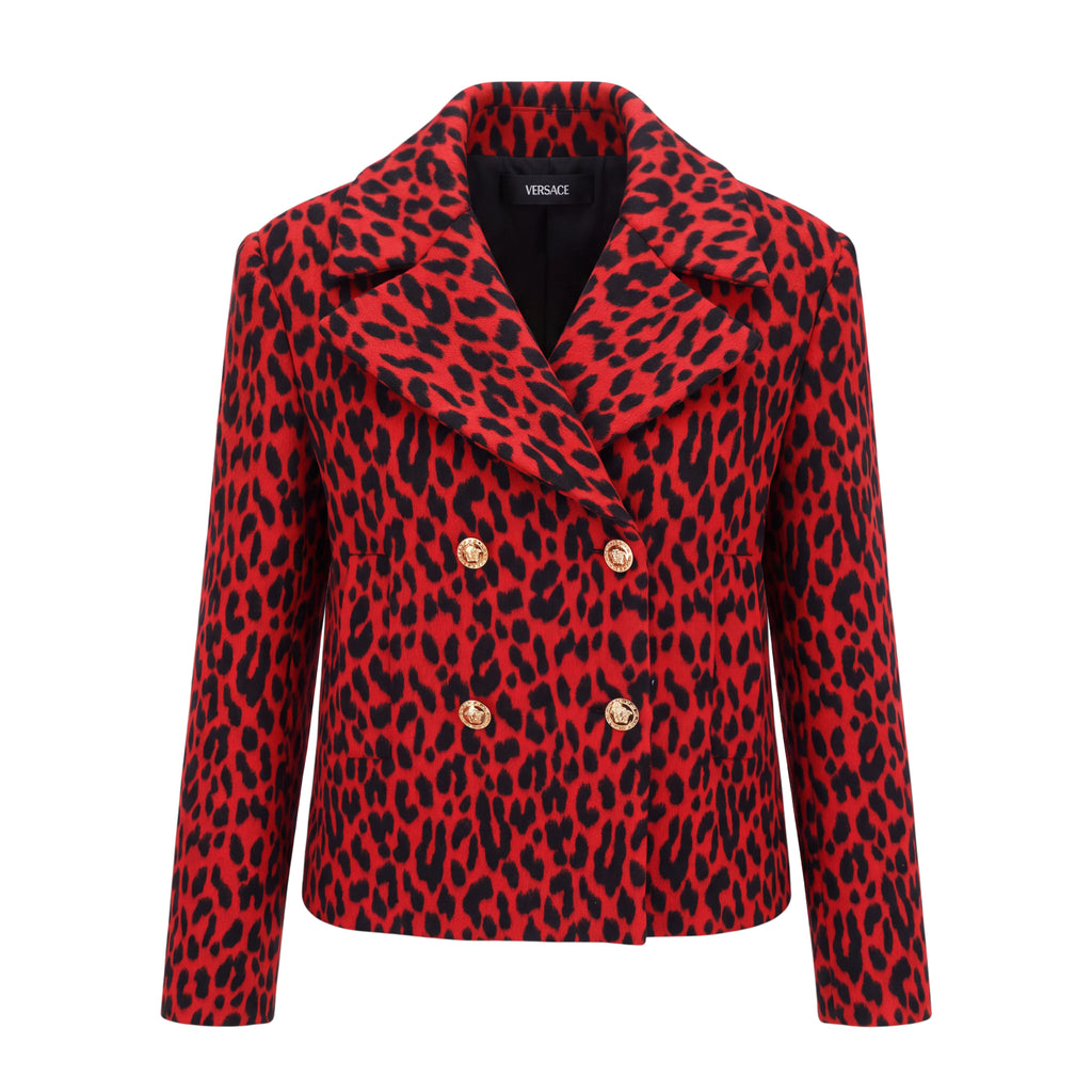 VERSACE RED LEOPARD JACKET WITH MEDUSA BUTTONS - SIZE 40