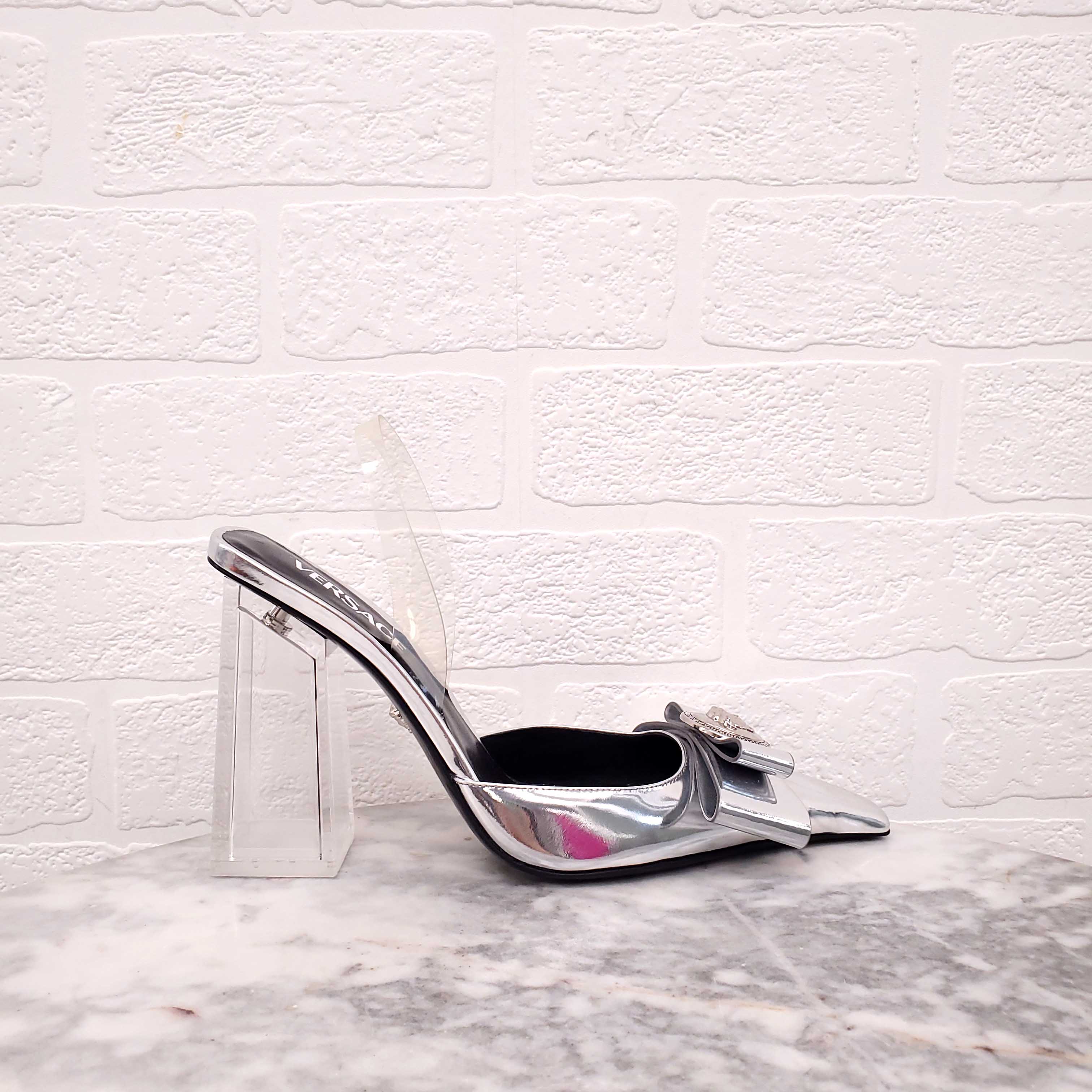 VERSACE SILVER METALLIC BLOCK HEELS WITH TRANSPARENT SLINGBACK STRAP - SIZE 38