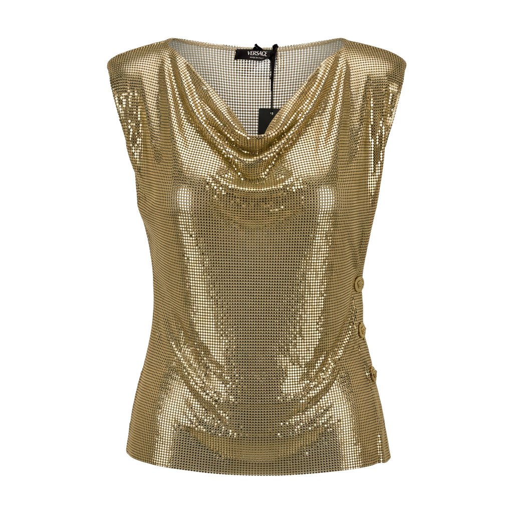 VERSACE SLEEVELESS DRAPED METAL MESH TOP - SIZE 36