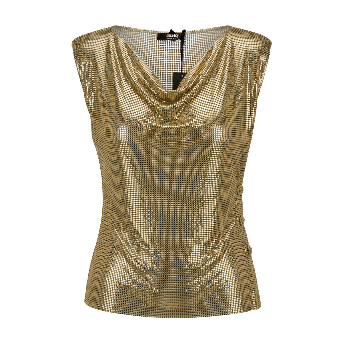 VERSACE SLEEVELESS DRAPED METAL MESH TOP - SIZE 36
