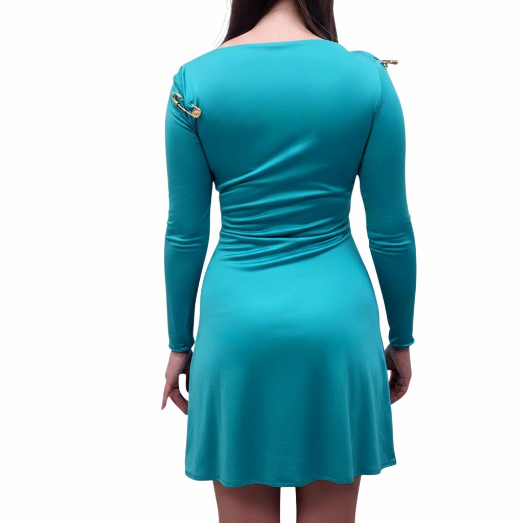 VERSACE TURQUOISE MEDUSA SAFETY PIN MINI DRESS - SIZE 42