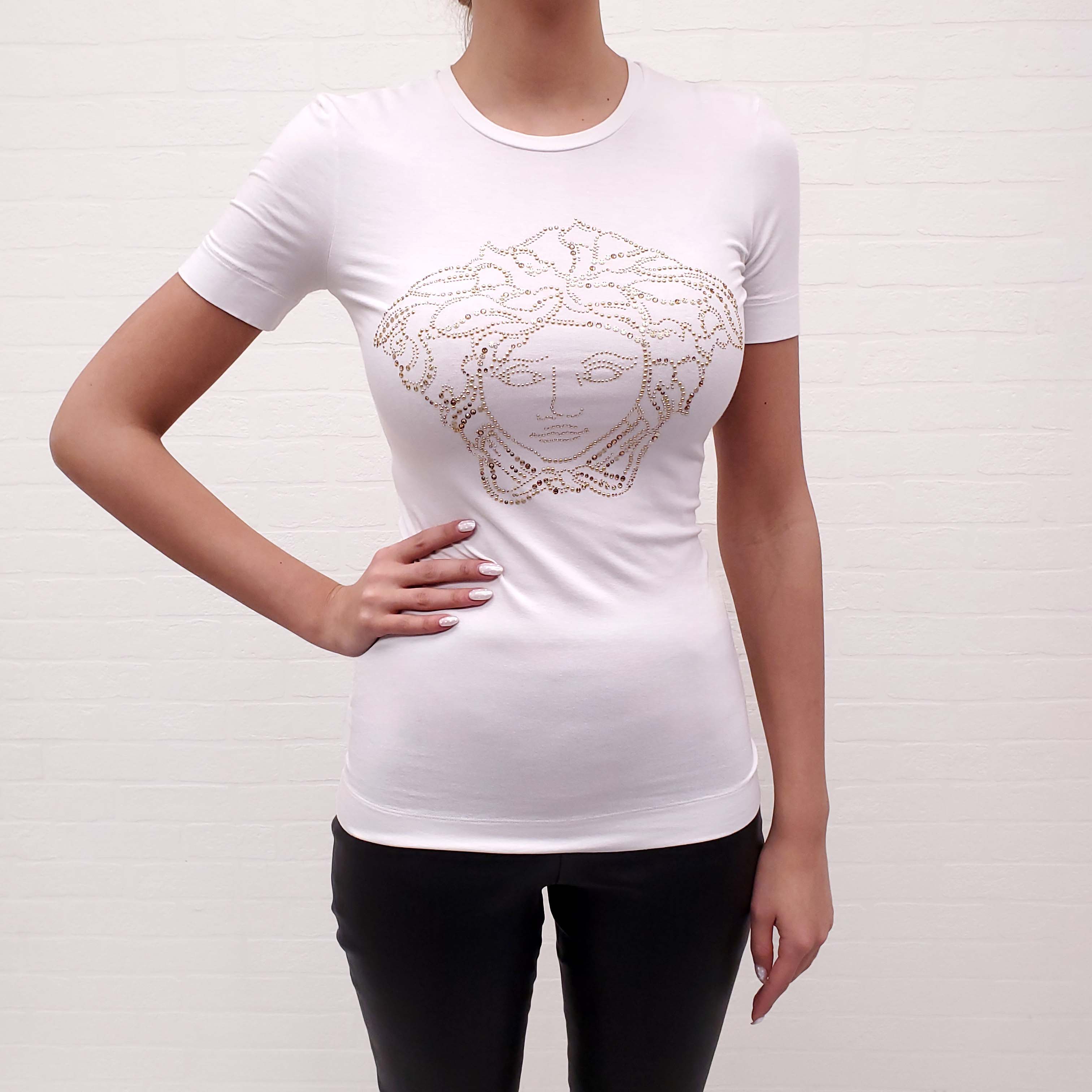 VERSACE WHITE CRYSTAL LOGO T-SHIRT - SIZE 38