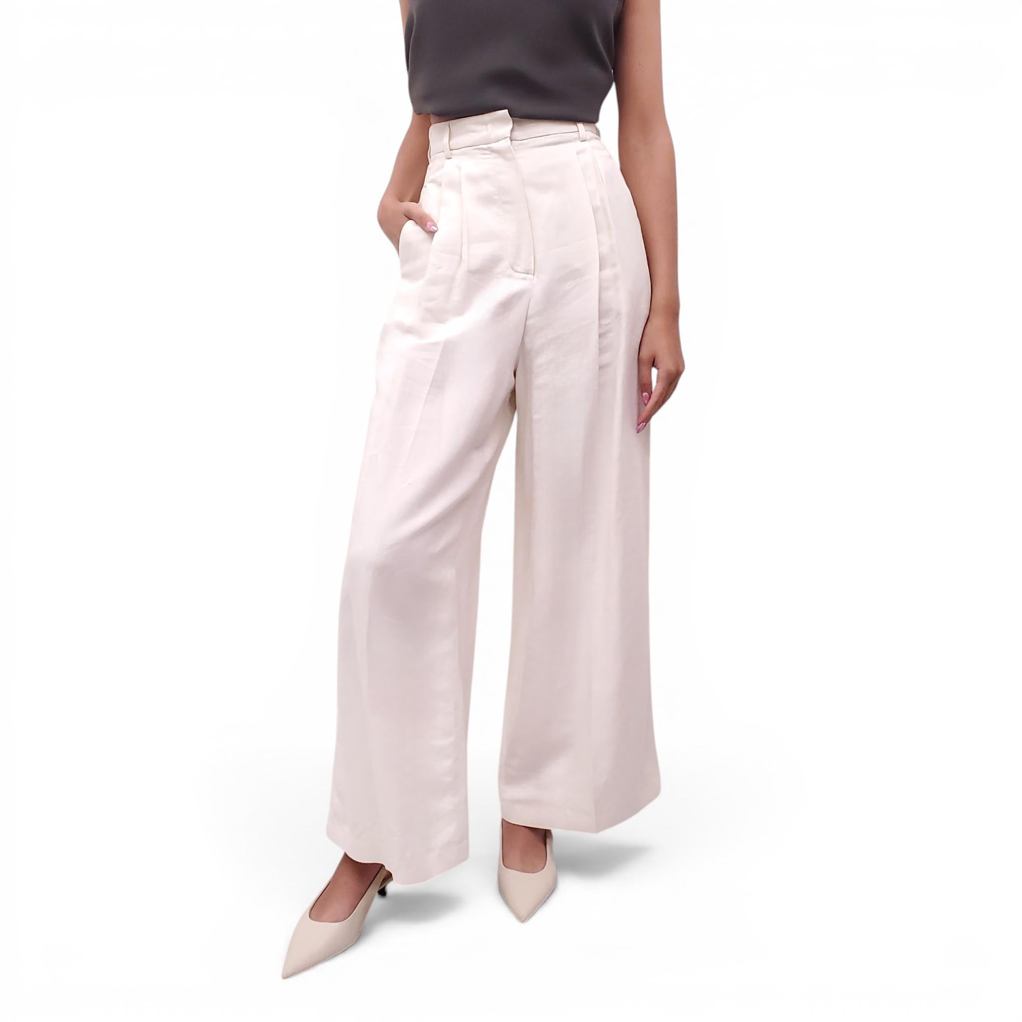 WEEKEND MAX MARA CREAM LINEN BLEND TROUSERS - SIZE 4