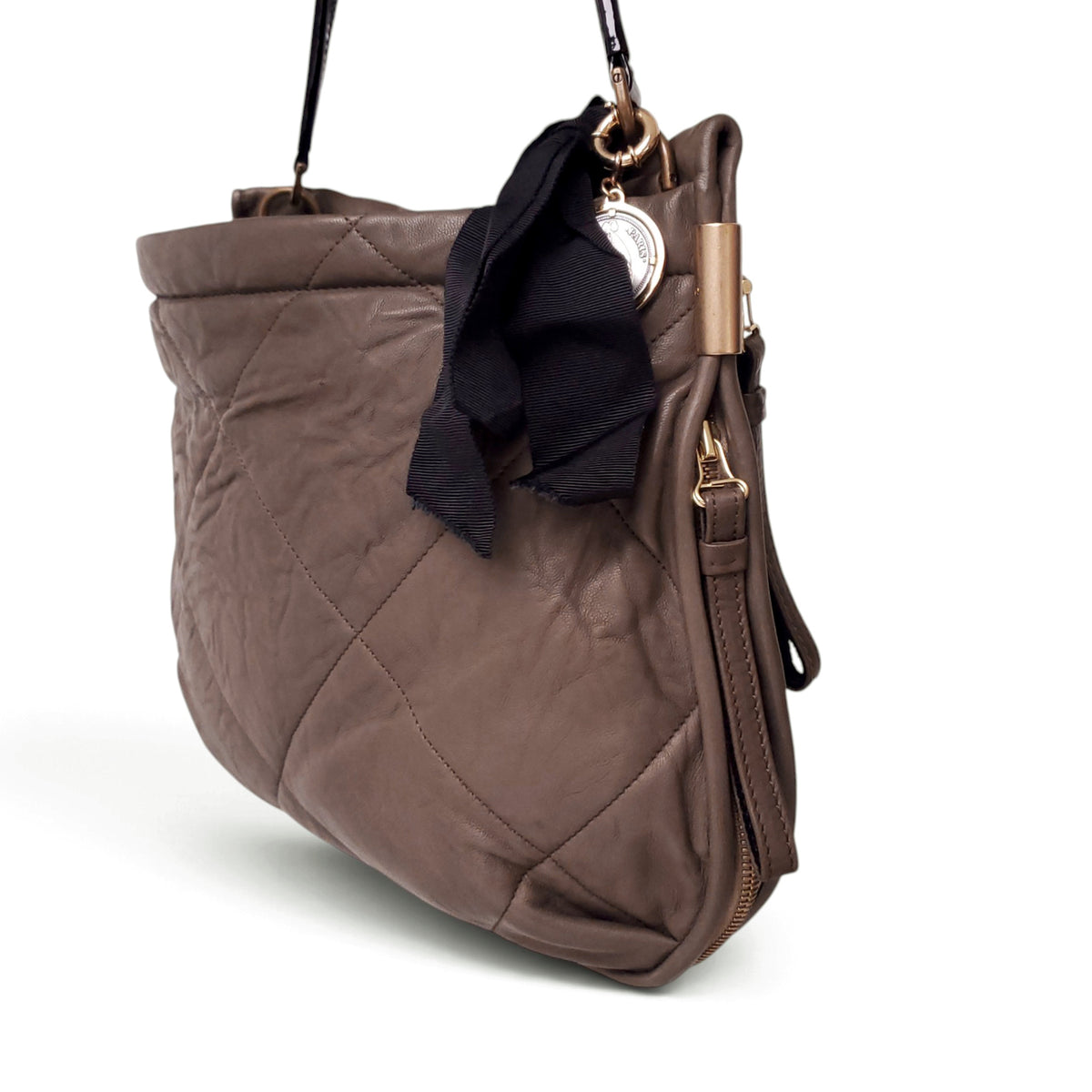 LANVIN TAUPE AND BLACK LEATHER SHOULDER BAG WITH RIBBON AND LOGO COIN