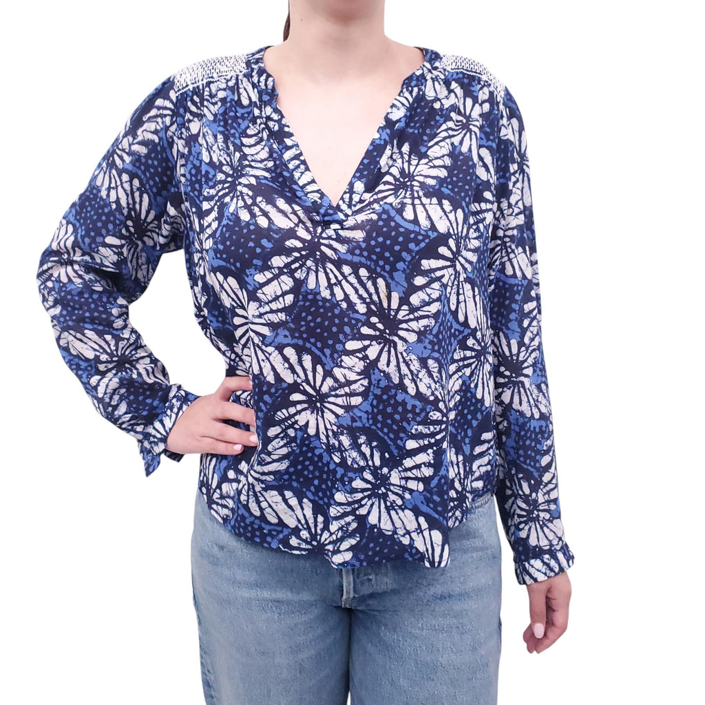 XIRENA BLUE FLORAL COTTON BLOUSE - SIZE S