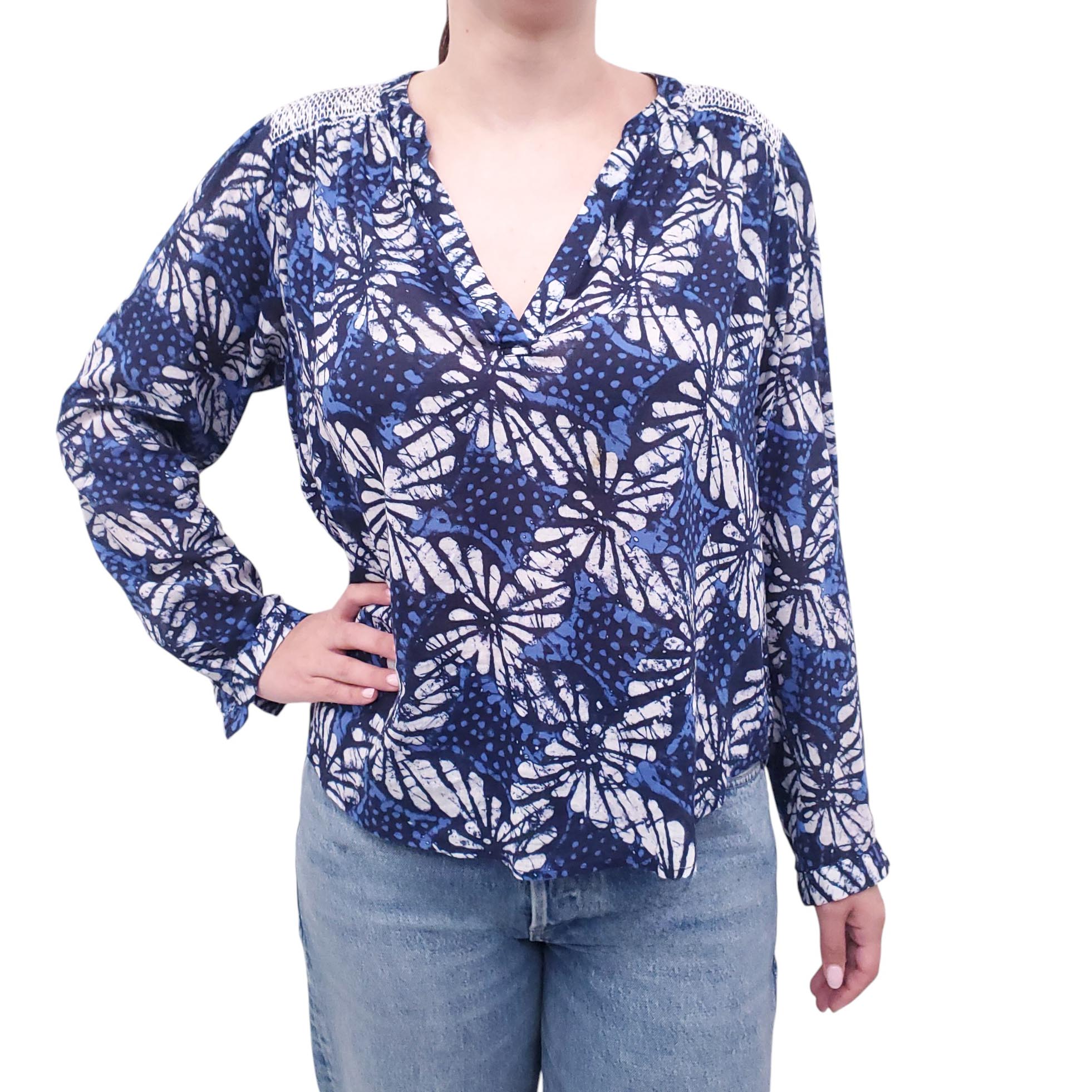 XIRENA BLUE FLORAL COTTON BLOUSE - SIZE S