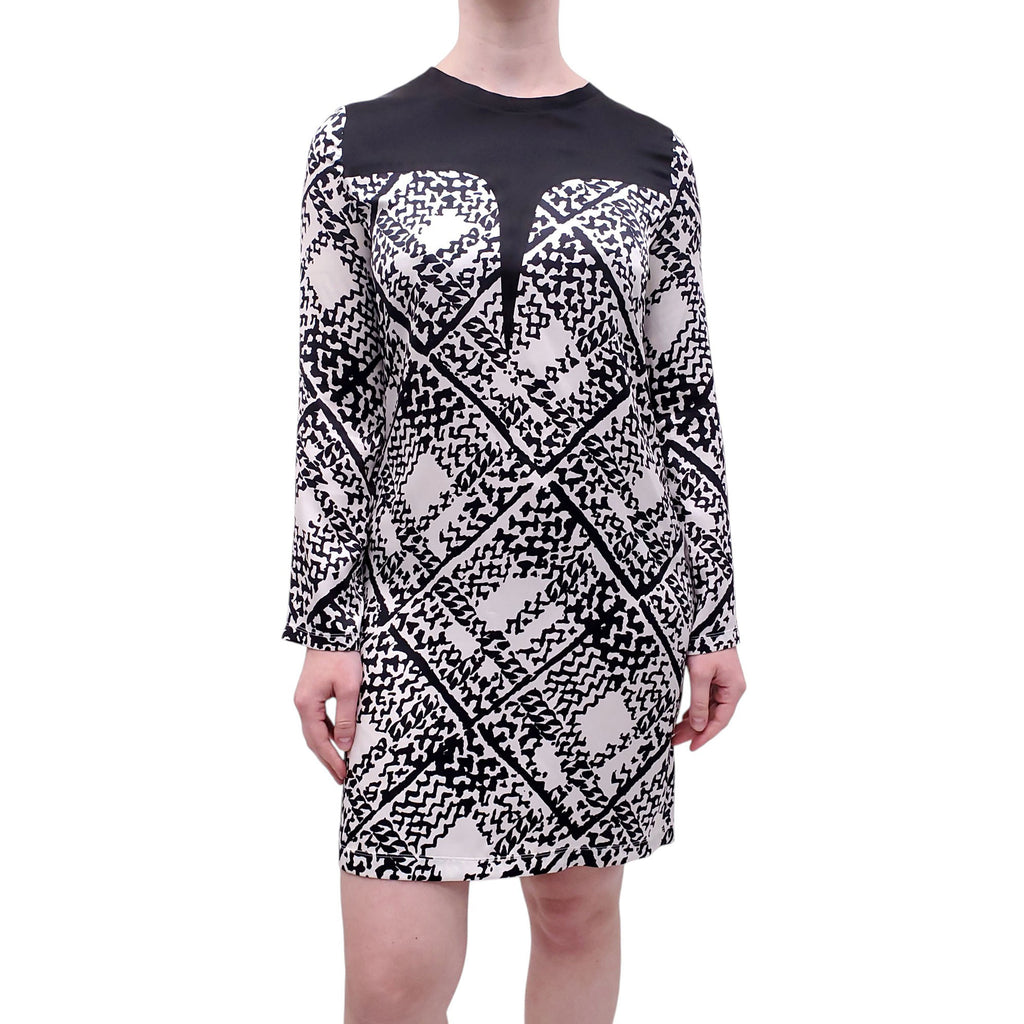 YVES SAINT LAURENT SILK WHITE AND BLACK PATTERNED DRESS - SIZE 36
