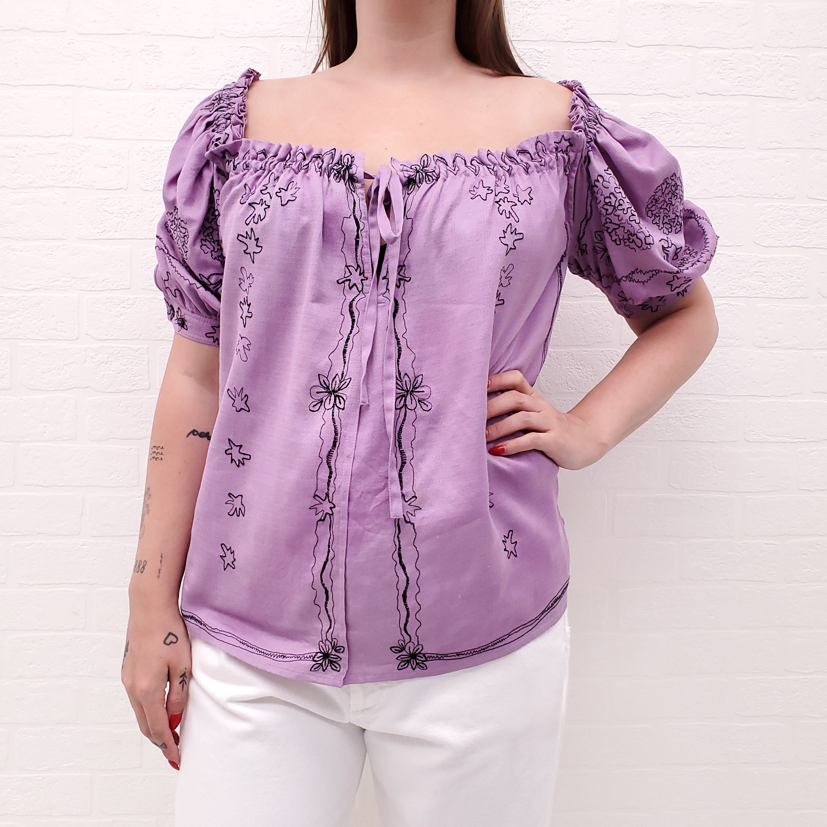 YVES SAINT LAURENT VINTAGE PURPLE PATTERNED BLOUSE - SIZE 40