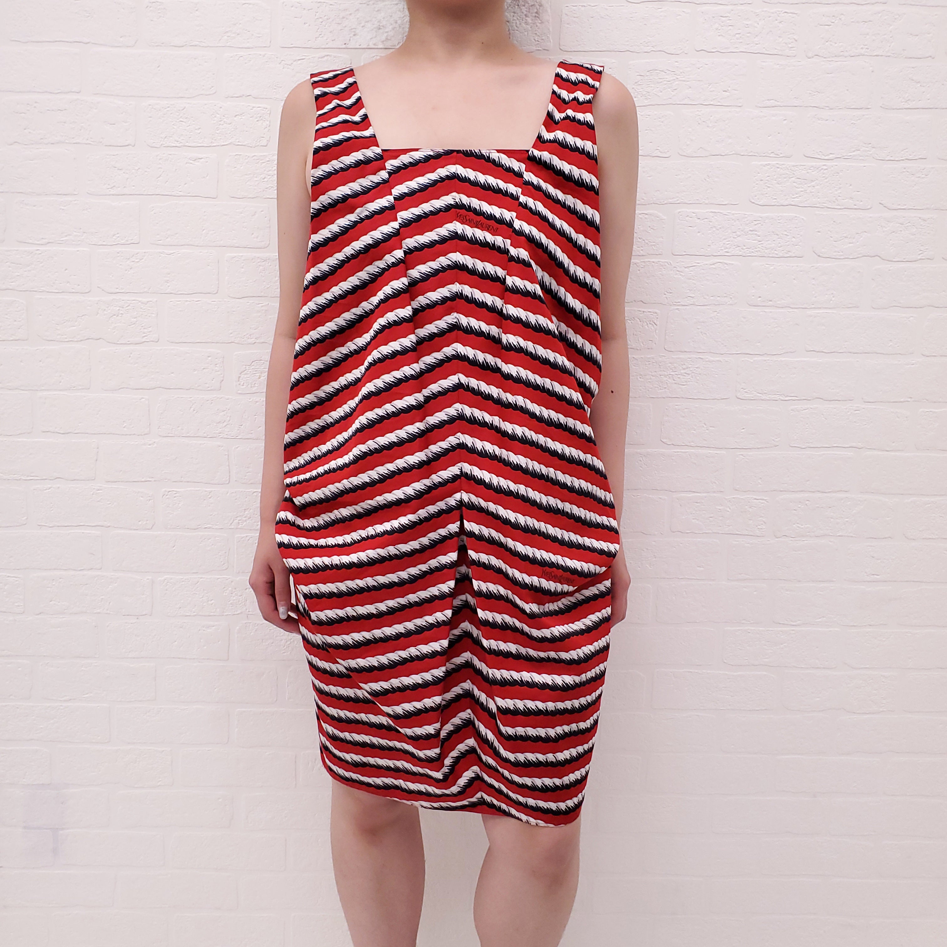 YVES SAINT LAURENT VINTAGE RED ROPE PRINT DRESS WITH LOGO - SIZE 38