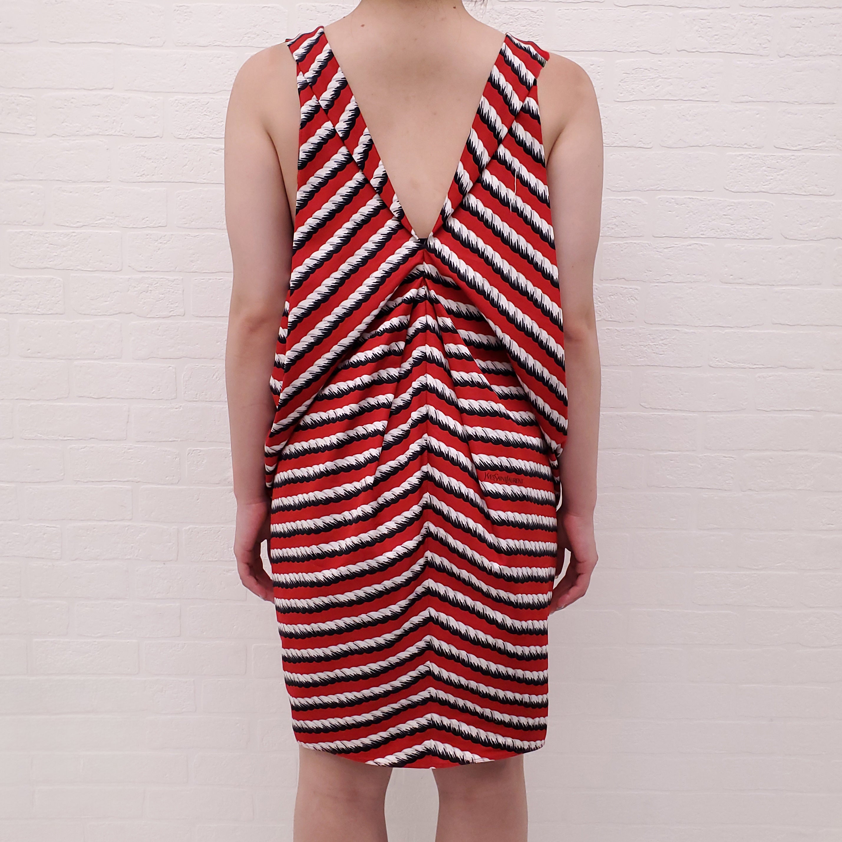 YVES SAINT LAURENT VINTAGE RED ROPE PRINT DRESS WITH LOGO - SIZE 38