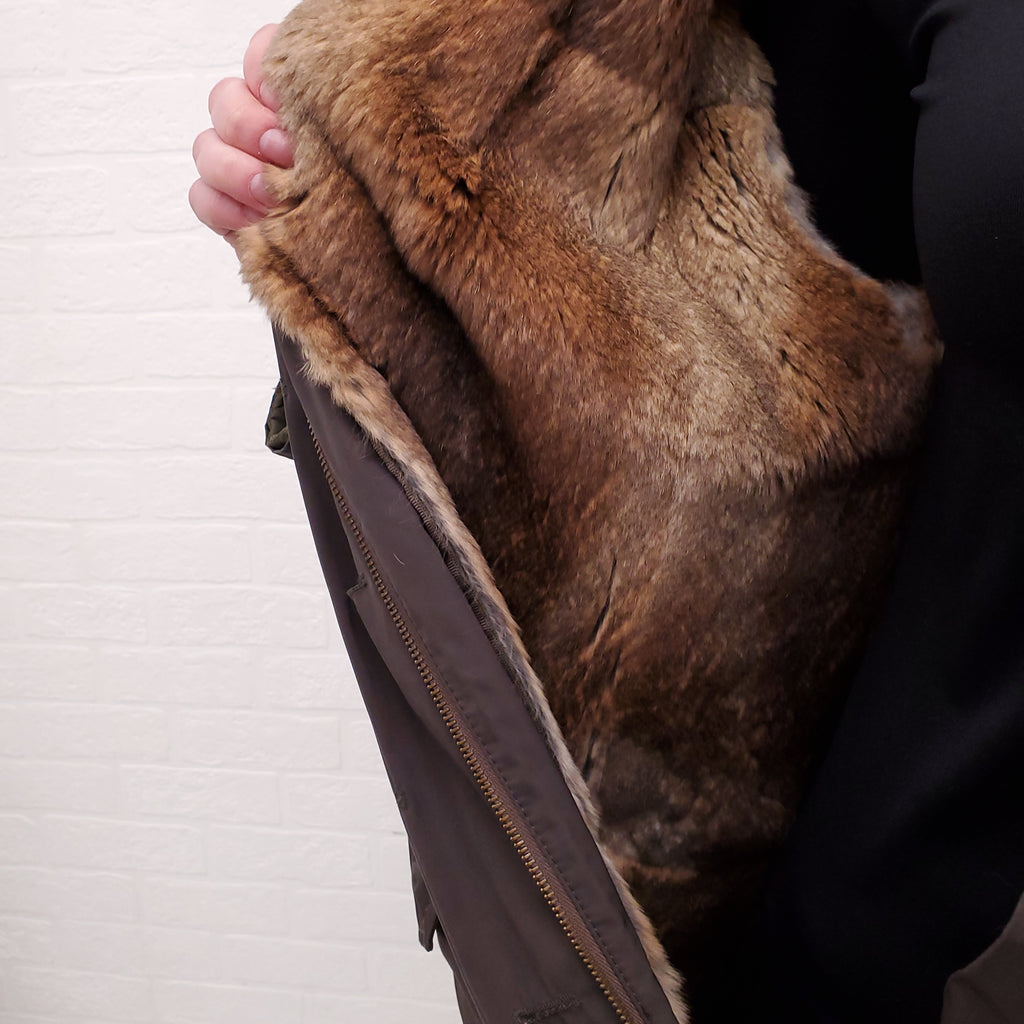 YVES SALOMON OVERSIZED ARMY GREEN JACKET WITH RABBIT FUR - SIZE 38