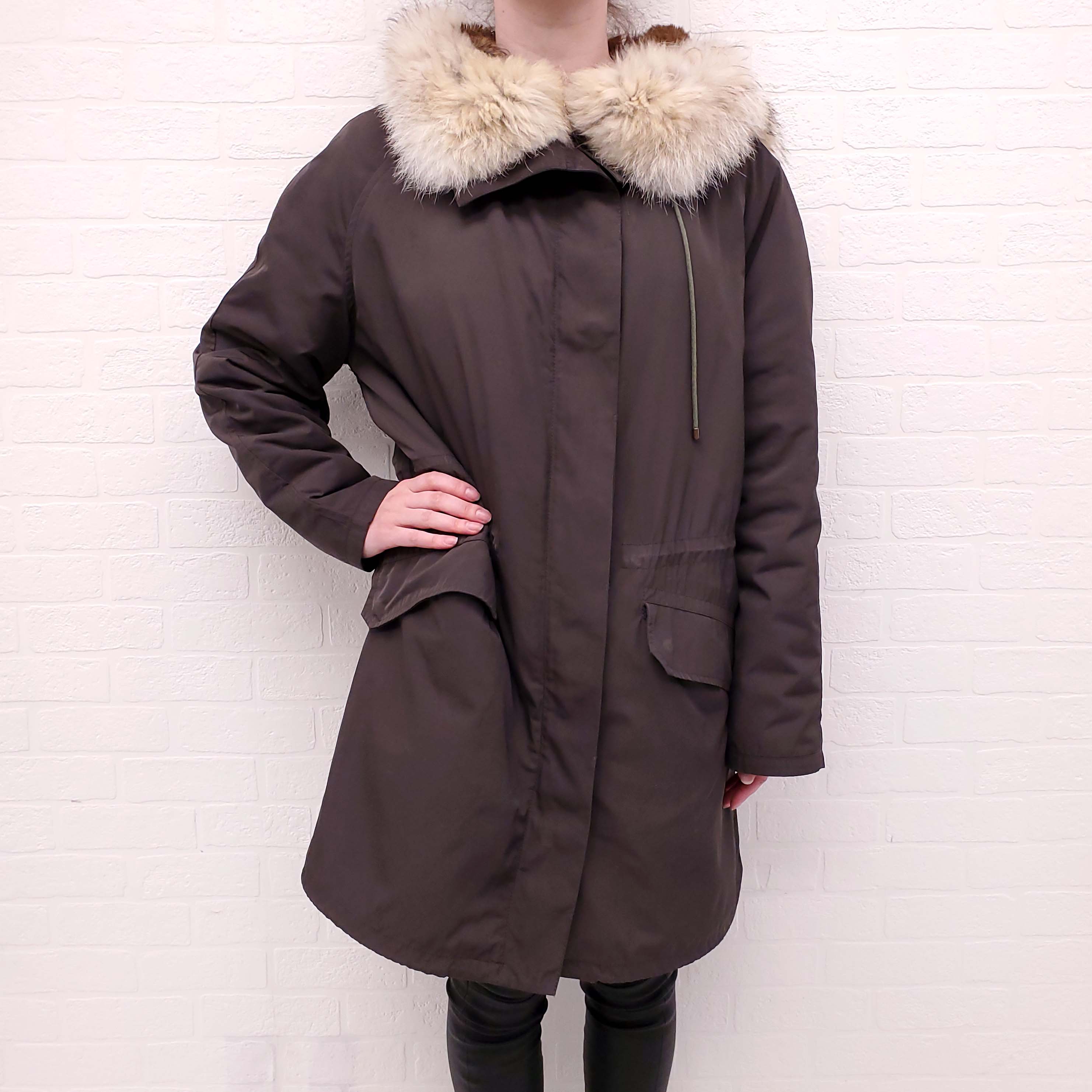 YVES SALOMON OVERSIZED ARMY GREEN JACKET WITH RABBIT FUR - SIZE 38