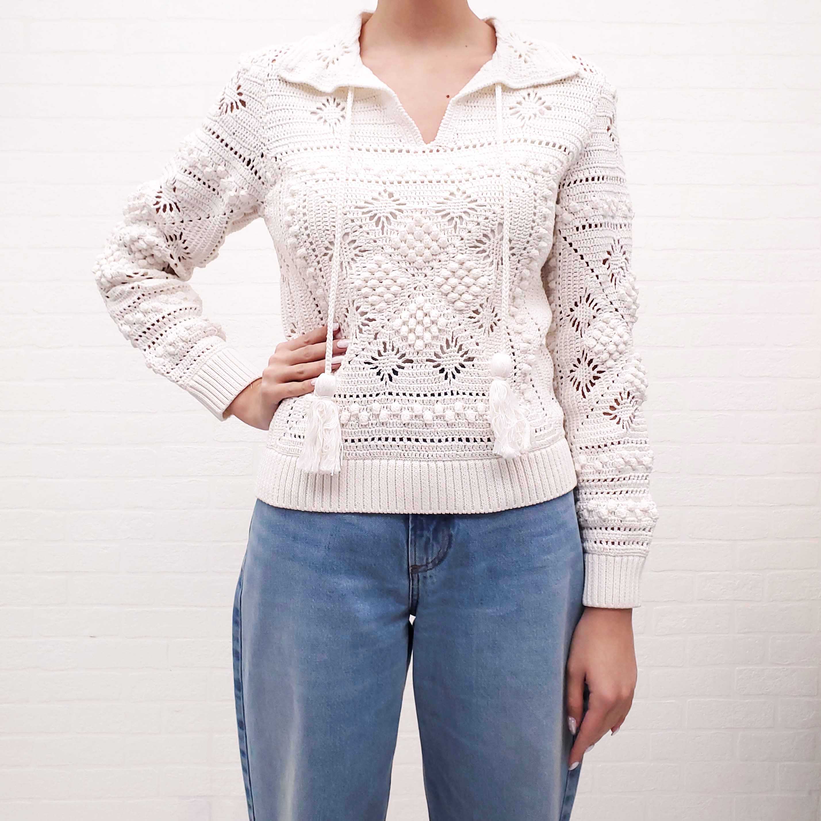 ZIMMERMANN CREAM CROCHET KNIT SWEATER WITH FRINGE DETAIL - SIZE 1 (SIZE US 6)