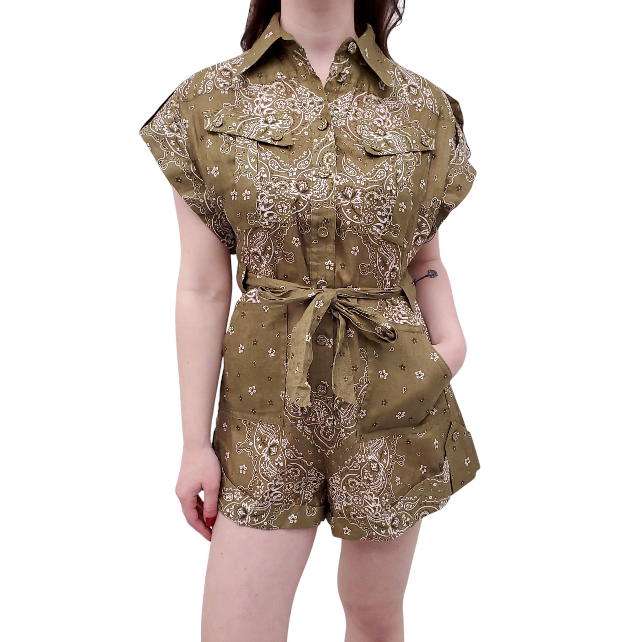 ZIMMERMANN KHAKI GREEN BANDANA 'VIOLET ROLL CUFF PLAYSUIT' ROMPER - SIZE 1 (US 6)