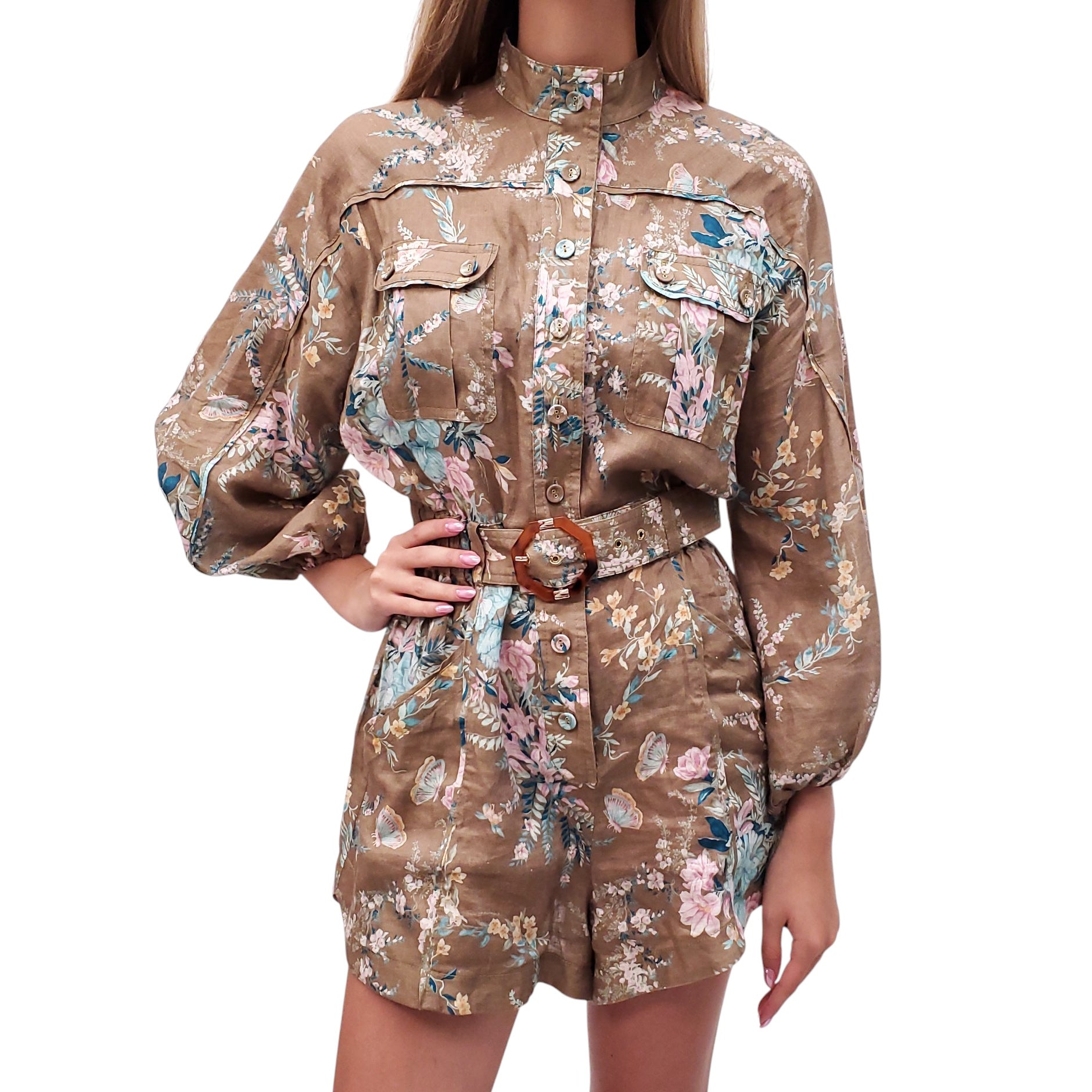 ZIMMERMANN KHAKI, BLUE, AND PINK FLORAL LINEN ROMPER - SIZE 2 (US 8)
