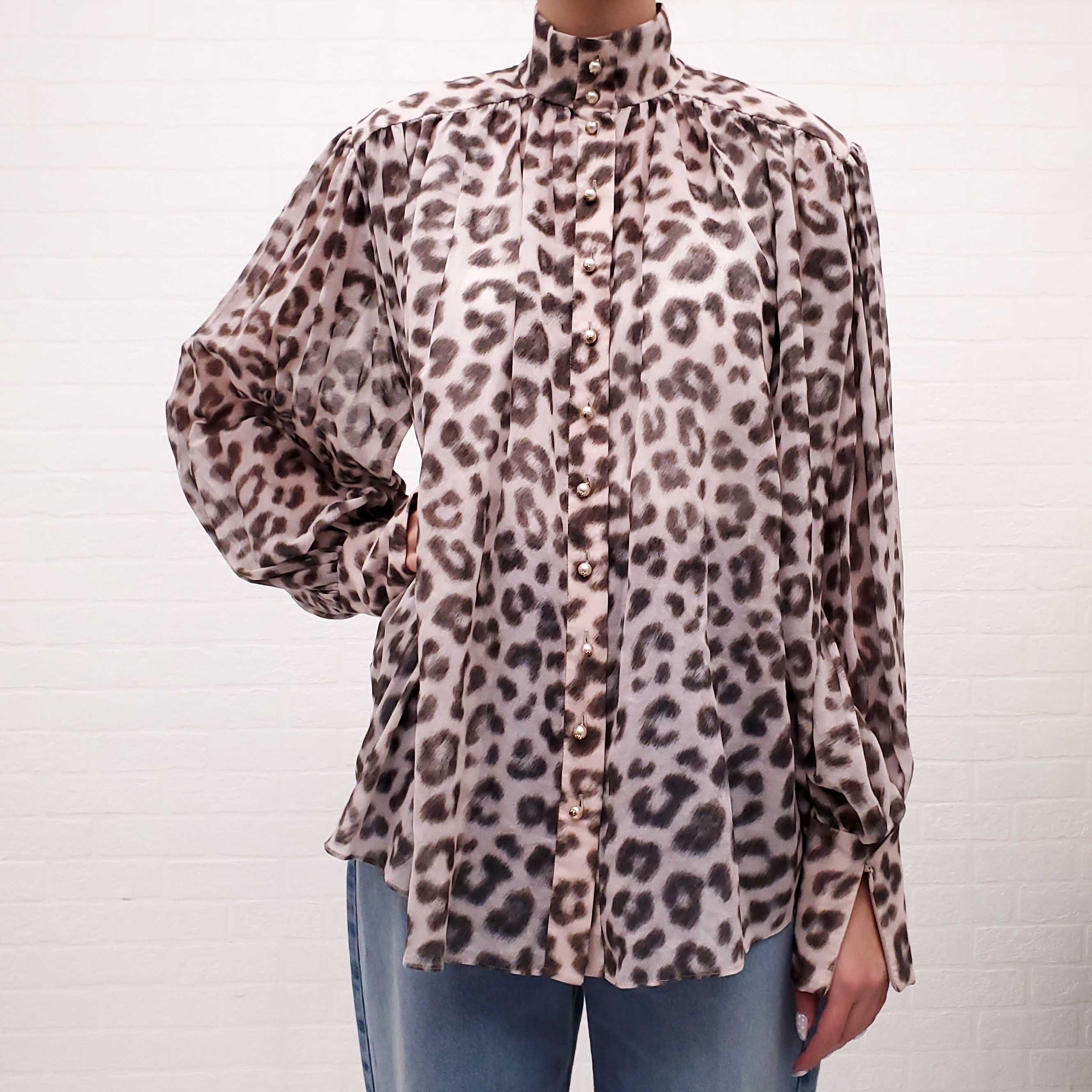 ZIMMERMANN LEOPARD OVERSIZED BLOUSE WITH PEARL BUTTONS - SIZE 1 (SIZE US 6)