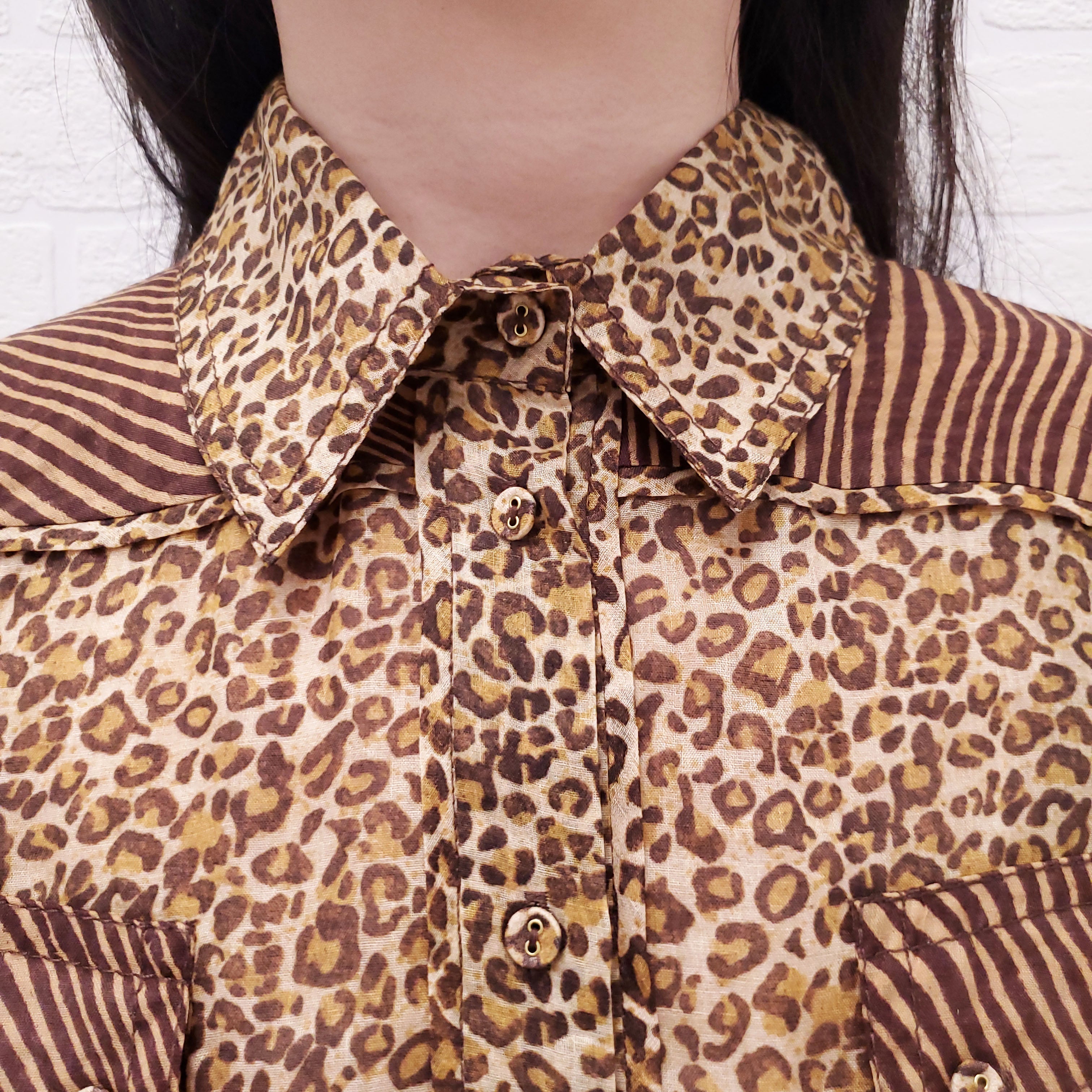 ZIMMERMANN LEOPARD 'SPLICED EMPIRE CUFFED' SHIRT - SIZE 3/L