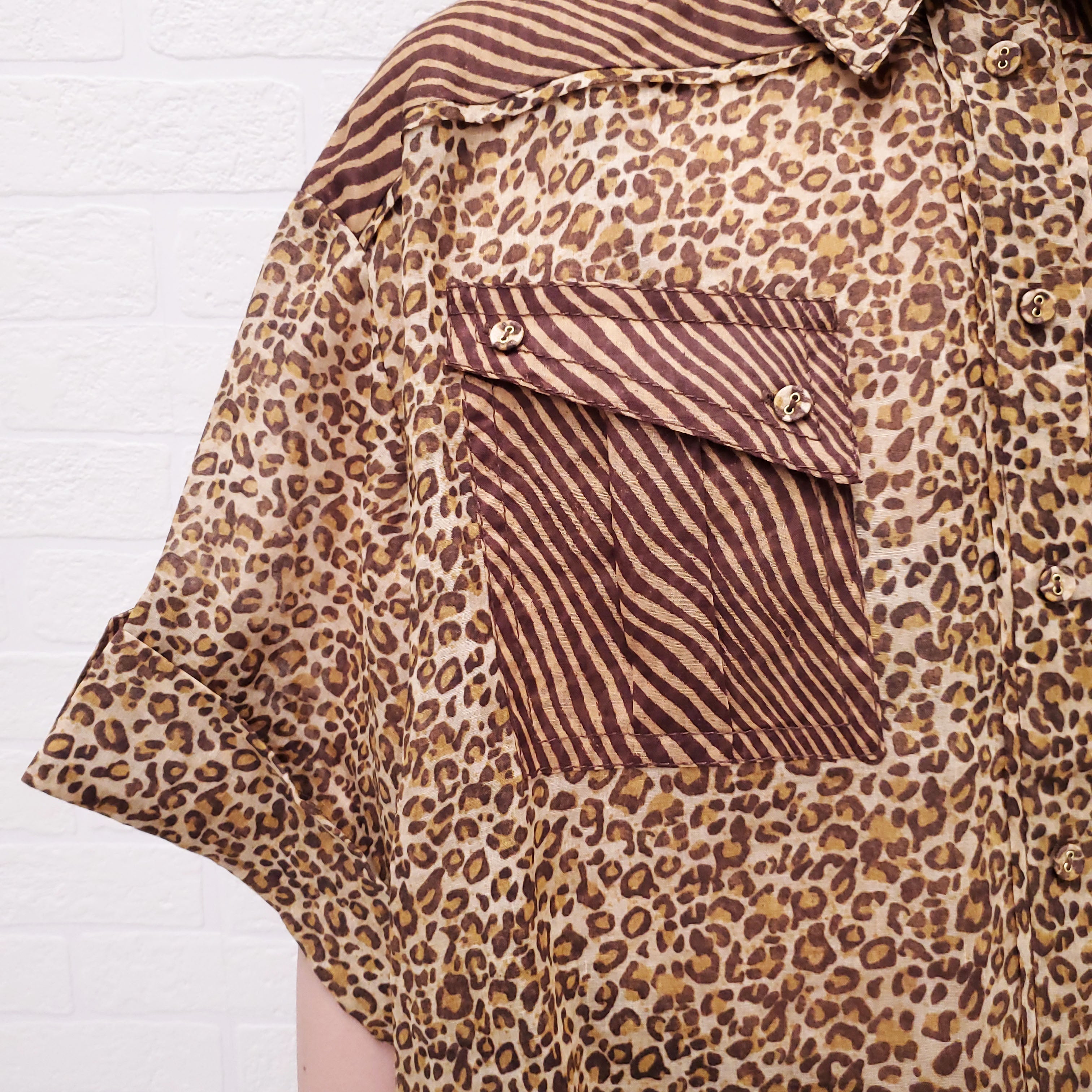 ZIMMERMANN LEOPARD 'SPLICED EMPIRE CUFFED' SHIRT - SIZE 3/L