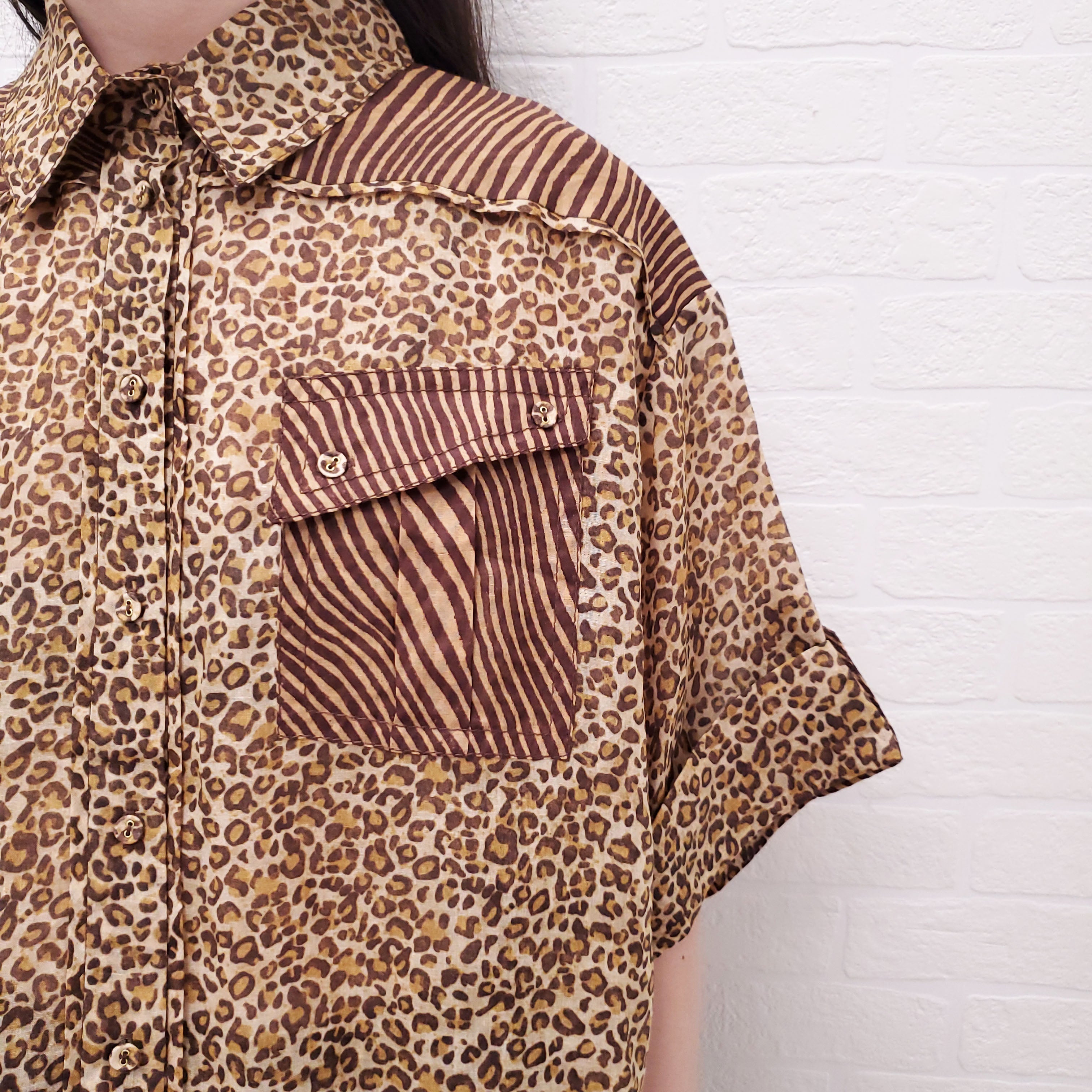 ZIMMERMANN LEOPARD 'SPLICED EMPIRE CUFFED' SHIRT - SIZE 3/L