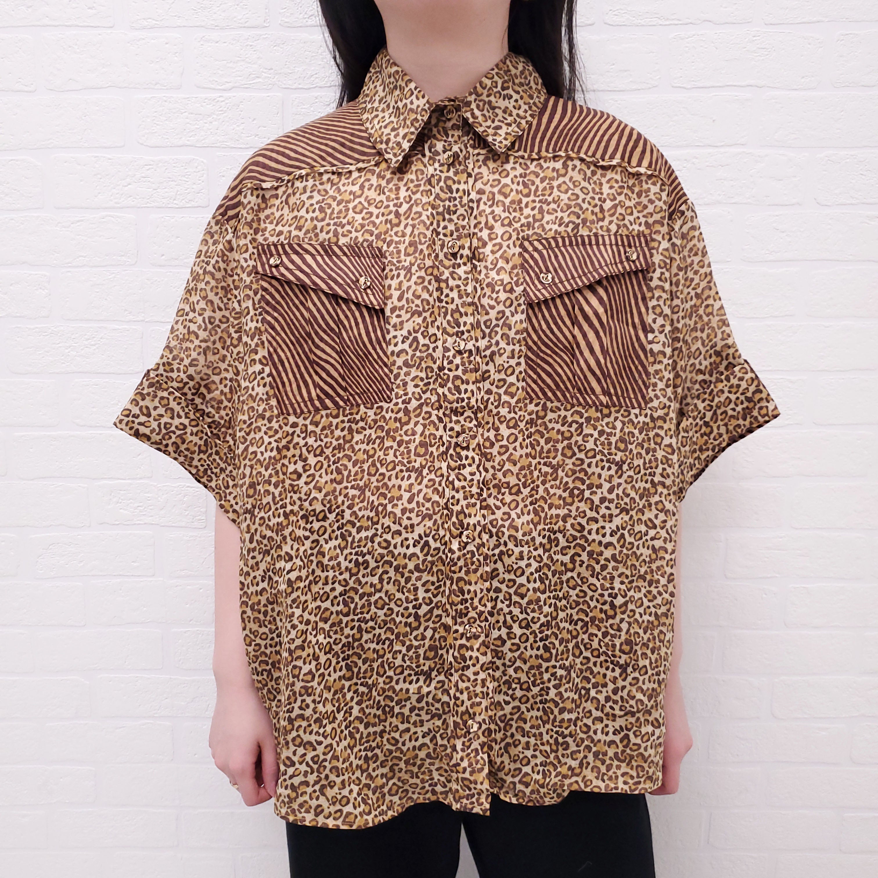 ZIMMERMANN LEOPARD 'SPLICED EMPIRE CUFFED' SHIRT - SIZE 3/L