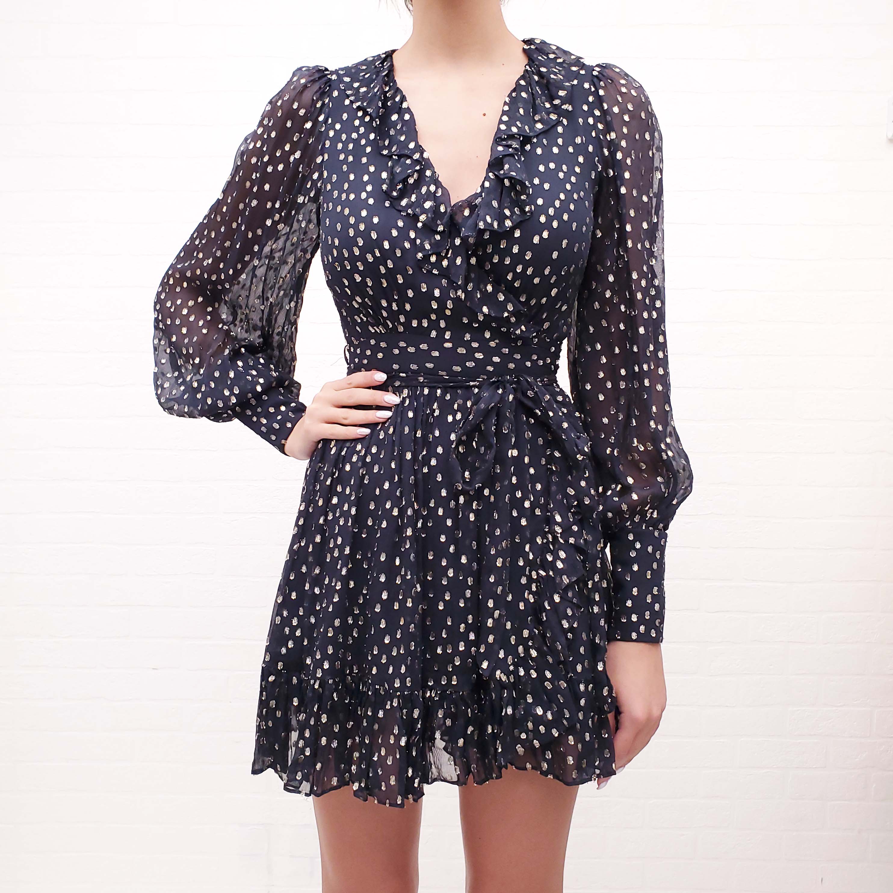ZIMMERMANN LUREX WRAP MINI DRESS IN NAVY AND GOLD - SIZE 0 (SIZE US 4)