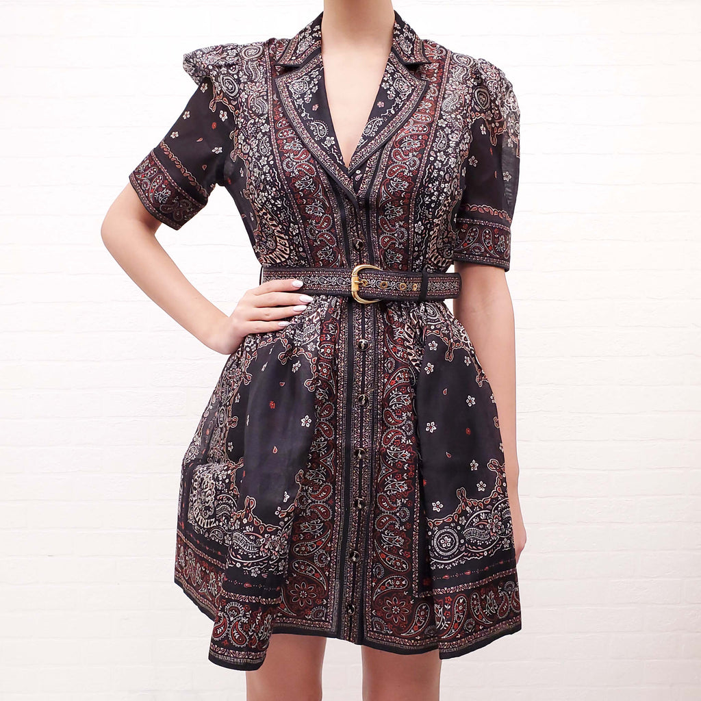 ZIMMERMANN MATCHMAKER BELTED PAISLEY-PRINT LINEN AND SILK DRESS - SIZE 1 (SIZE US 6)