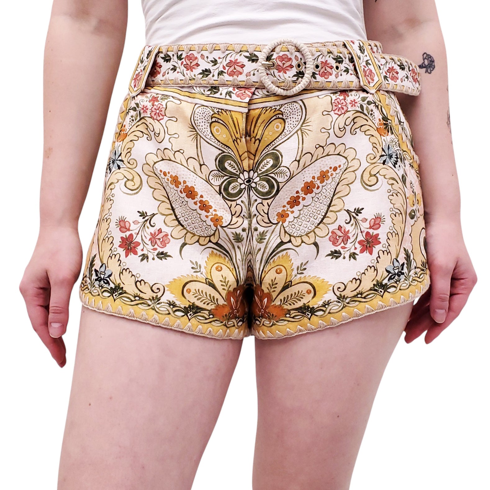 ZIMMERMANN MUSTARD BAROQUE FLORAL 'LAUREL' SHORTS - SIZE 3 (US 10)