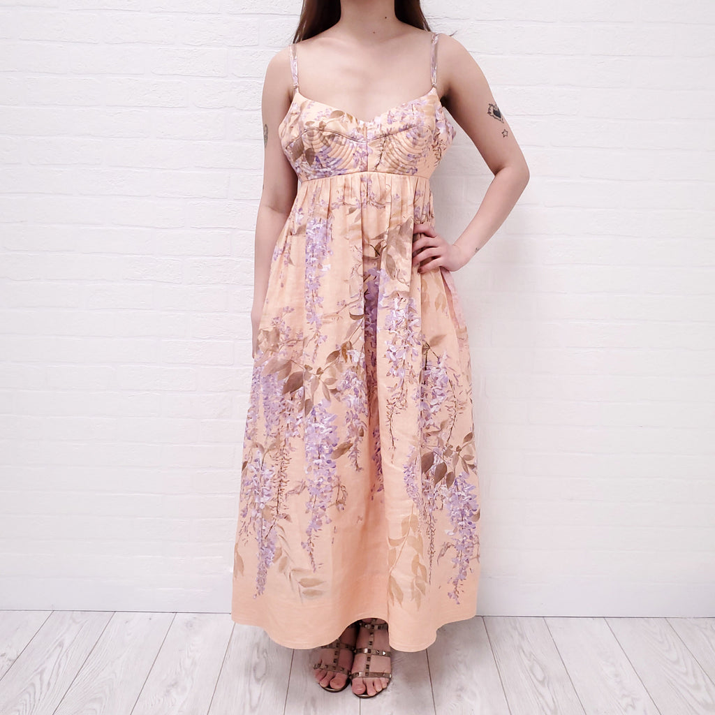 ZIMMERMANN PEACH AND PURPLE FLORAL BRALETTE MIDI DRESS - SIZE 3/L